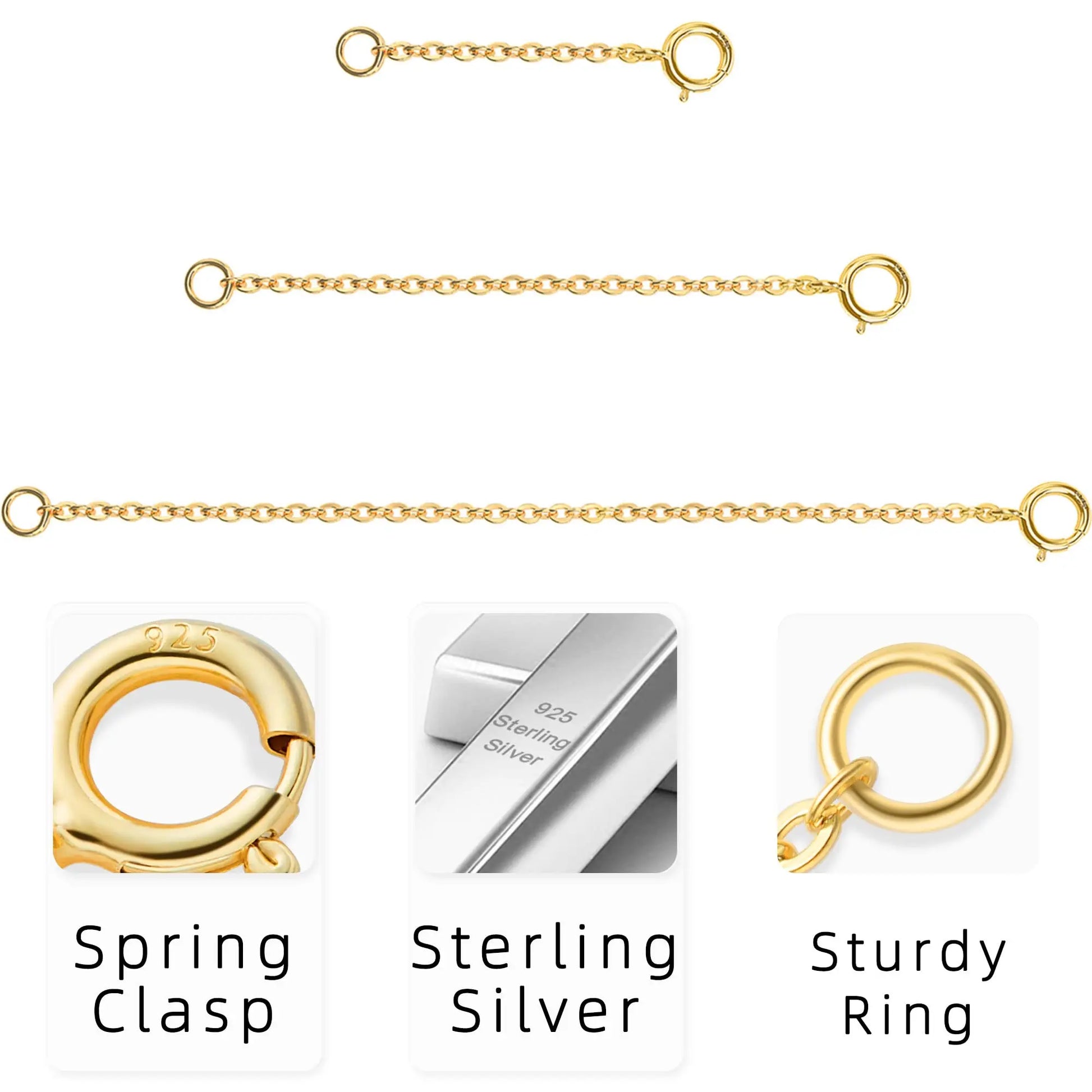 VANBARIS Gold Necklace Extender 14K, Necklace Extenders Gold 925 Sterling Silver Bracelet Anklet Jewelry Extension Chain for Necklaces, 3 Piece Set (1, 2, 3 Inches)