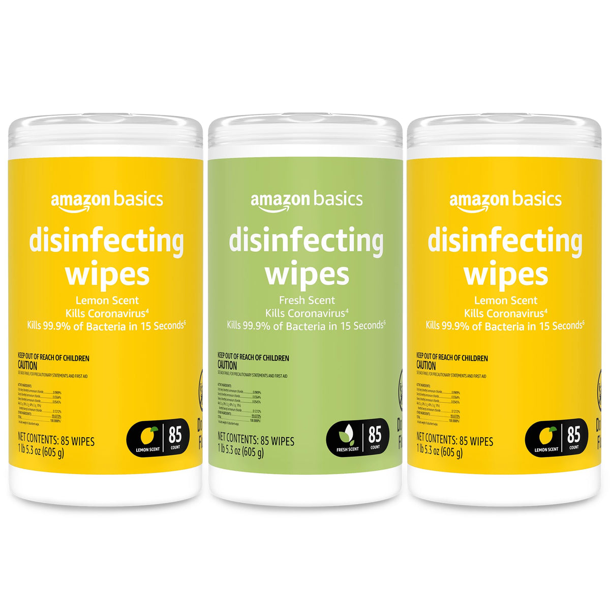 Basics Disinfecting Wipes, Lemon & Fresh Scent, Sanitizes, Cleans & Deodorizes, 255 Count (3 Packs of 85)