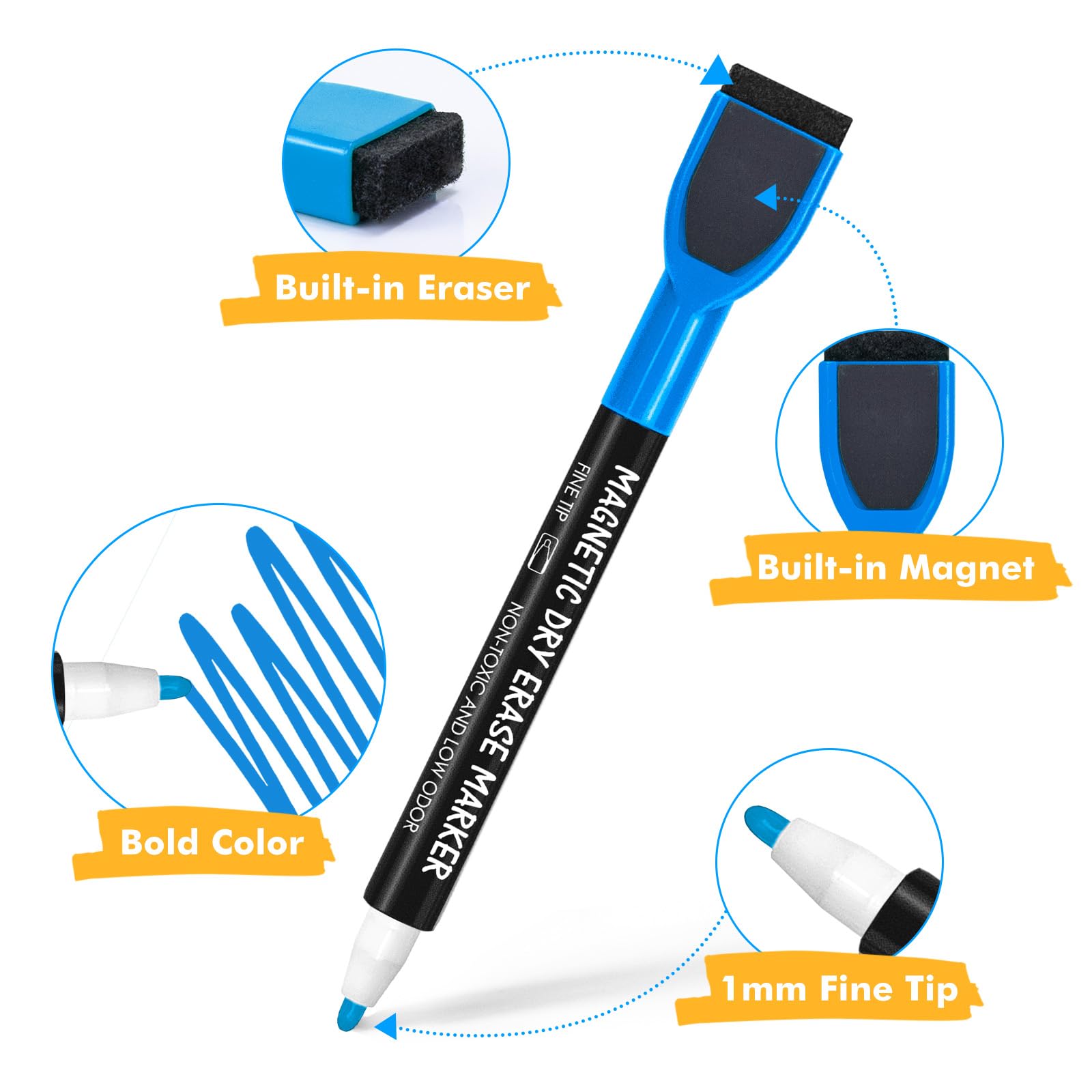 maxtek Magnetic Whiteboard Markers - 12 Count Colorful Fine Tip Dry Erase Markers with Eraser for Kids, Low Odor Thin Markers for Calendar Boards