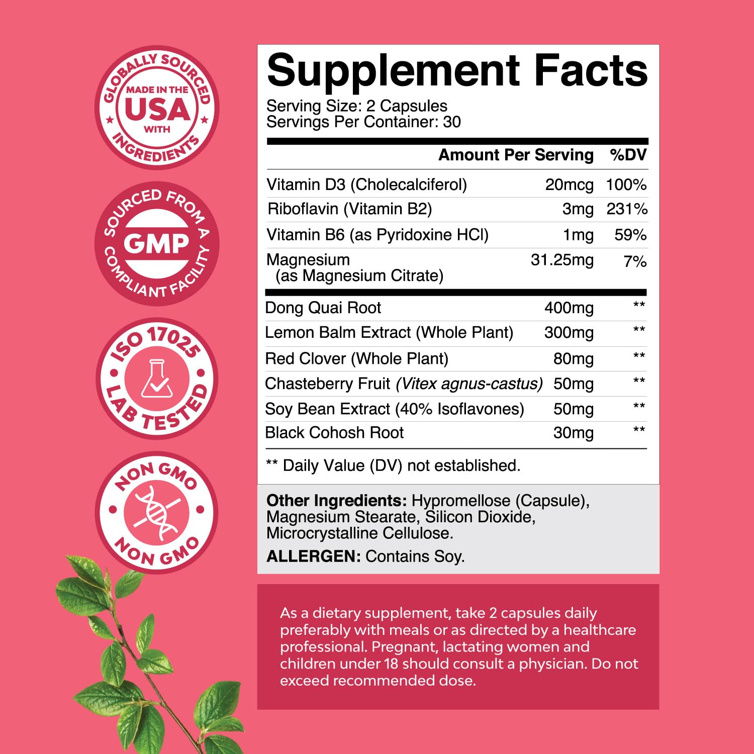 Complete Herbal Menopause Supplement for Women - Female Hormone Balance Capsules for Night Sweats Hot Flashes & Mood Swings with Dong Quai, Chaste Berry & Black Cohosh Root - 60 Count Pack