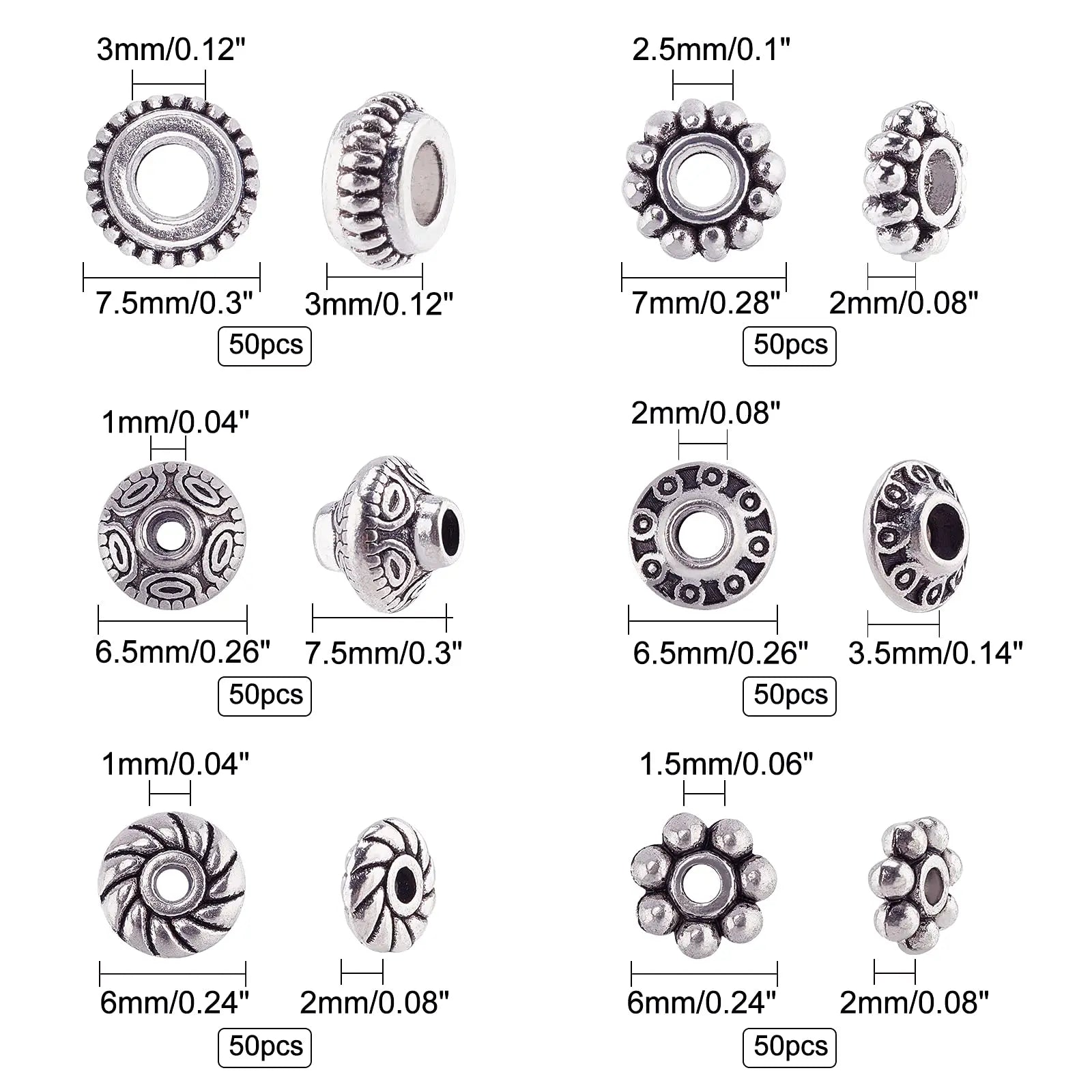 PH PandaHall 300pcs 6 Style Antique Silver Spacer Beads, Tibetan Metal Alloy Tube Spacers Flower Flat Rondelle Small Loose Beads for Bracelet Necklace Earring Jewelry Making Supplies