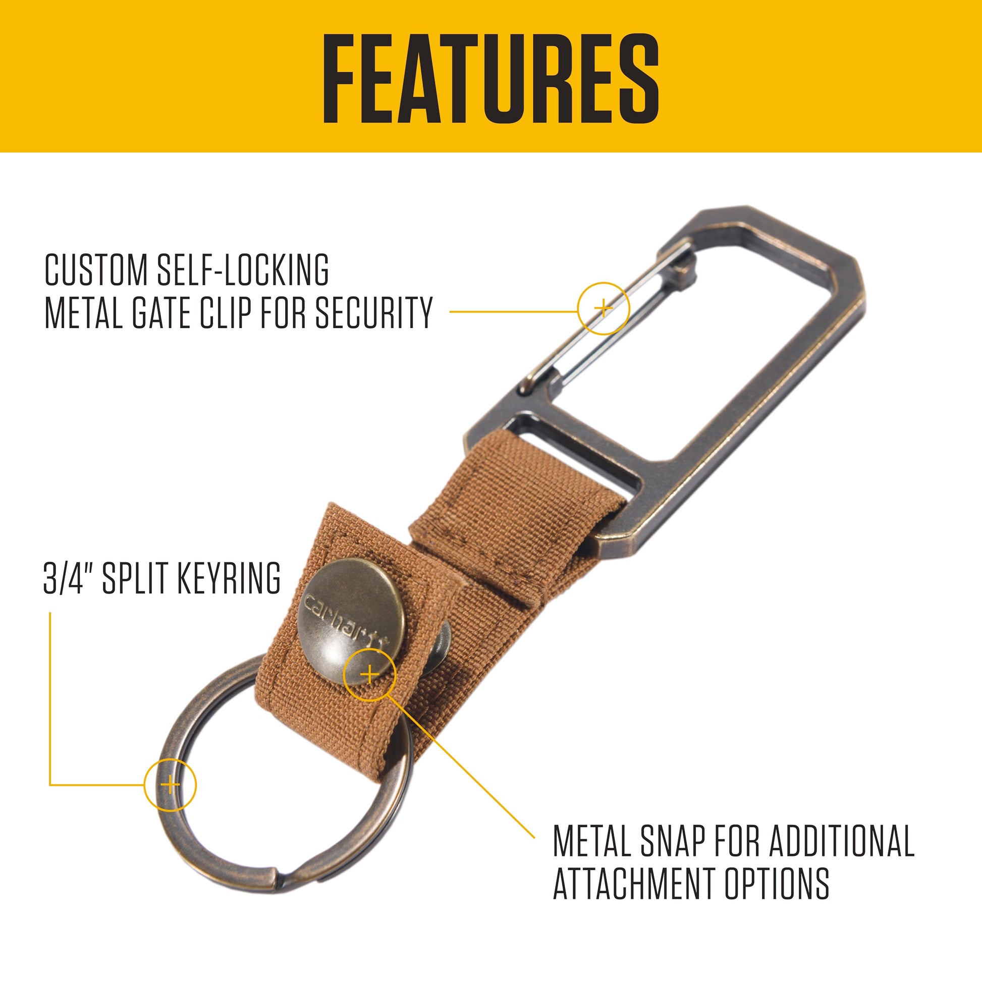 Carhartt Unisex Adult Durable Metal Key Keeper, Belt Loop Key Ring Holder with Self-Locking Metal Gate Clip for Car/Home Keys, Nylon Duck (Carhartt Brown), One Size