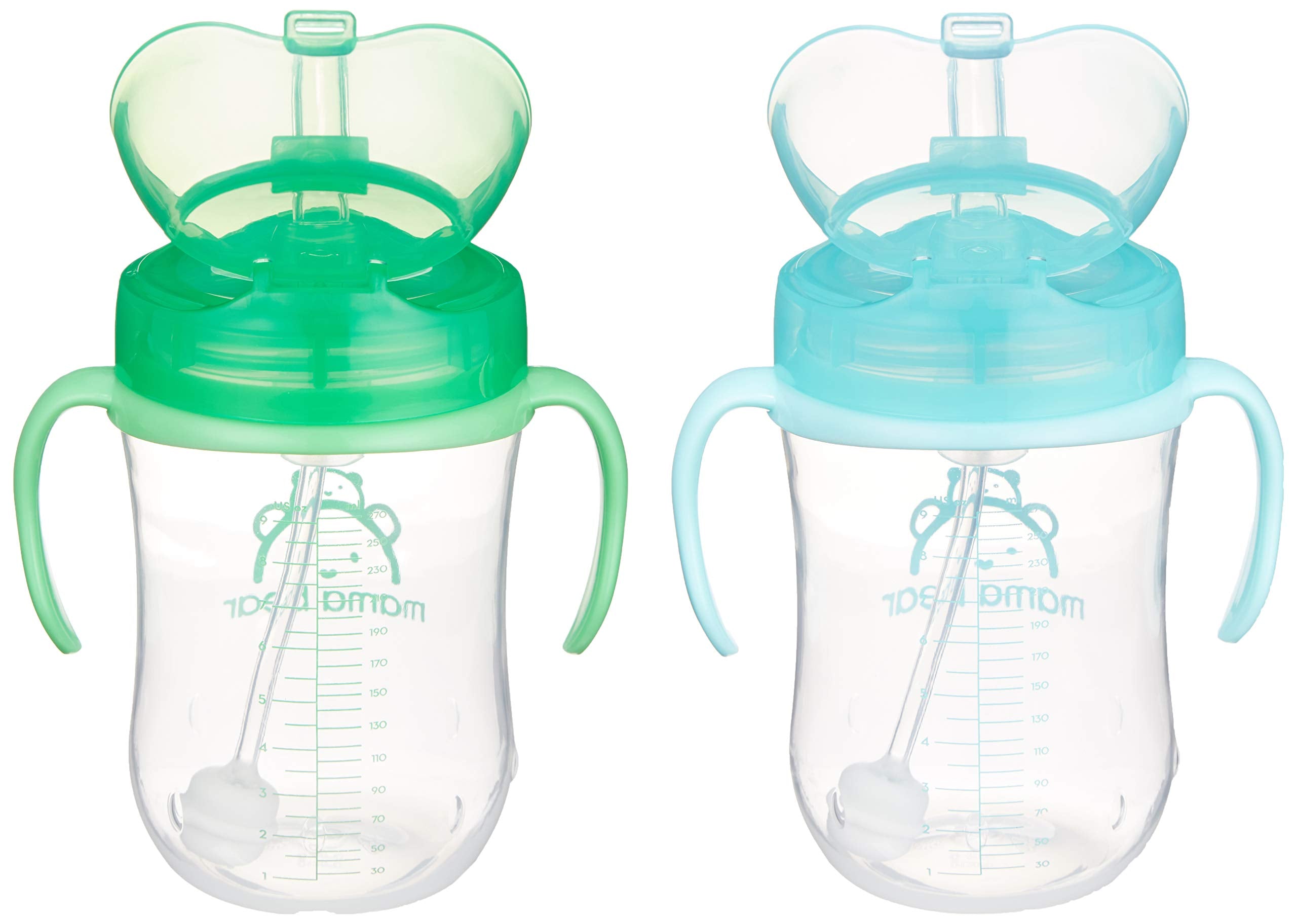 Amazon Brand - Mama Bear Silicone Weighted Straw Sippy Cup, 9 Ounces, Pack of 2, Blue/Green