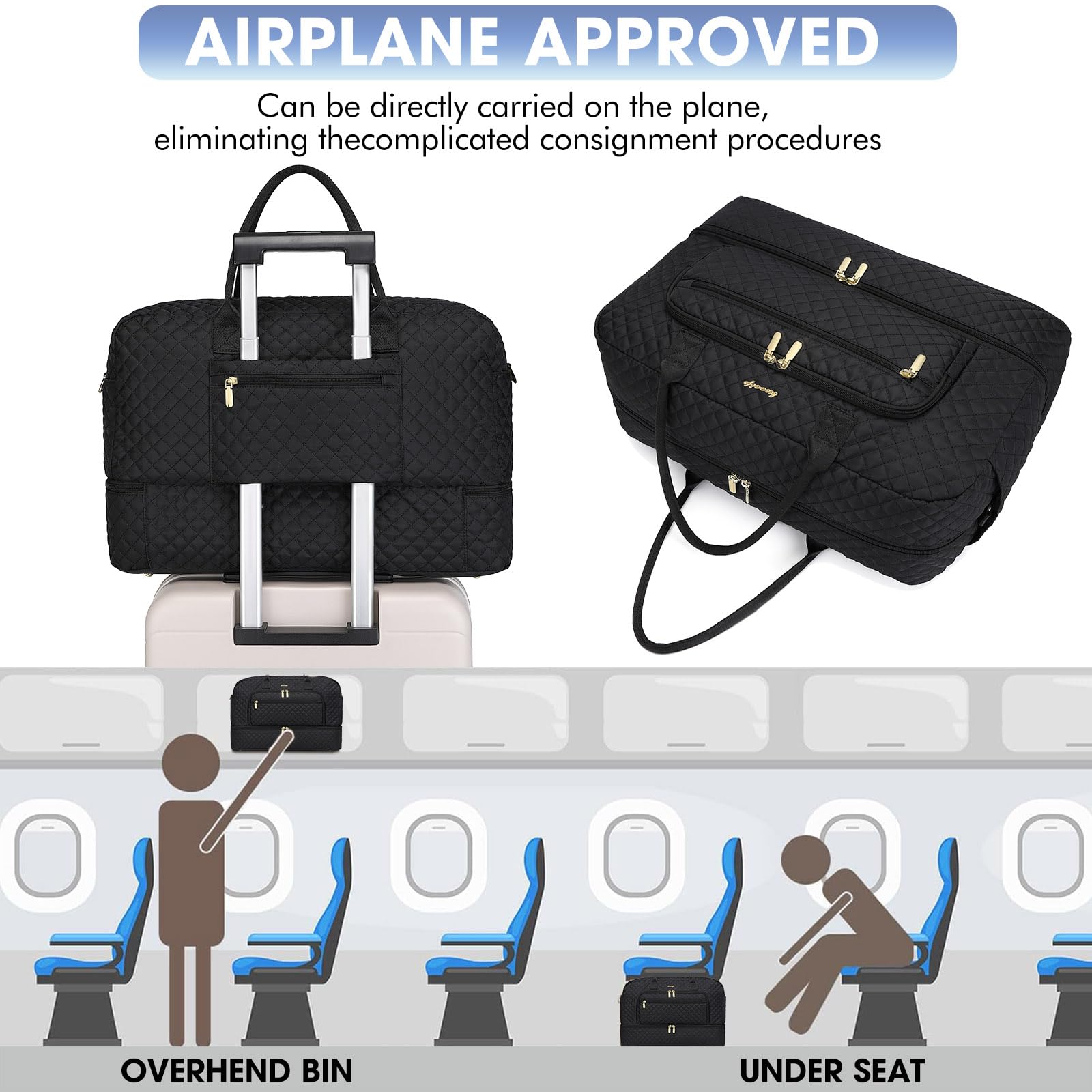 Large Women Travel Duffle Bag - Carry on Overnight Bag Weekend Travel Duffel Tote Bag Yoga Gym Bag with Wet Pocket Toiletry Weekender Overnight Bag for Travel Business Trips Sport Hospital Black