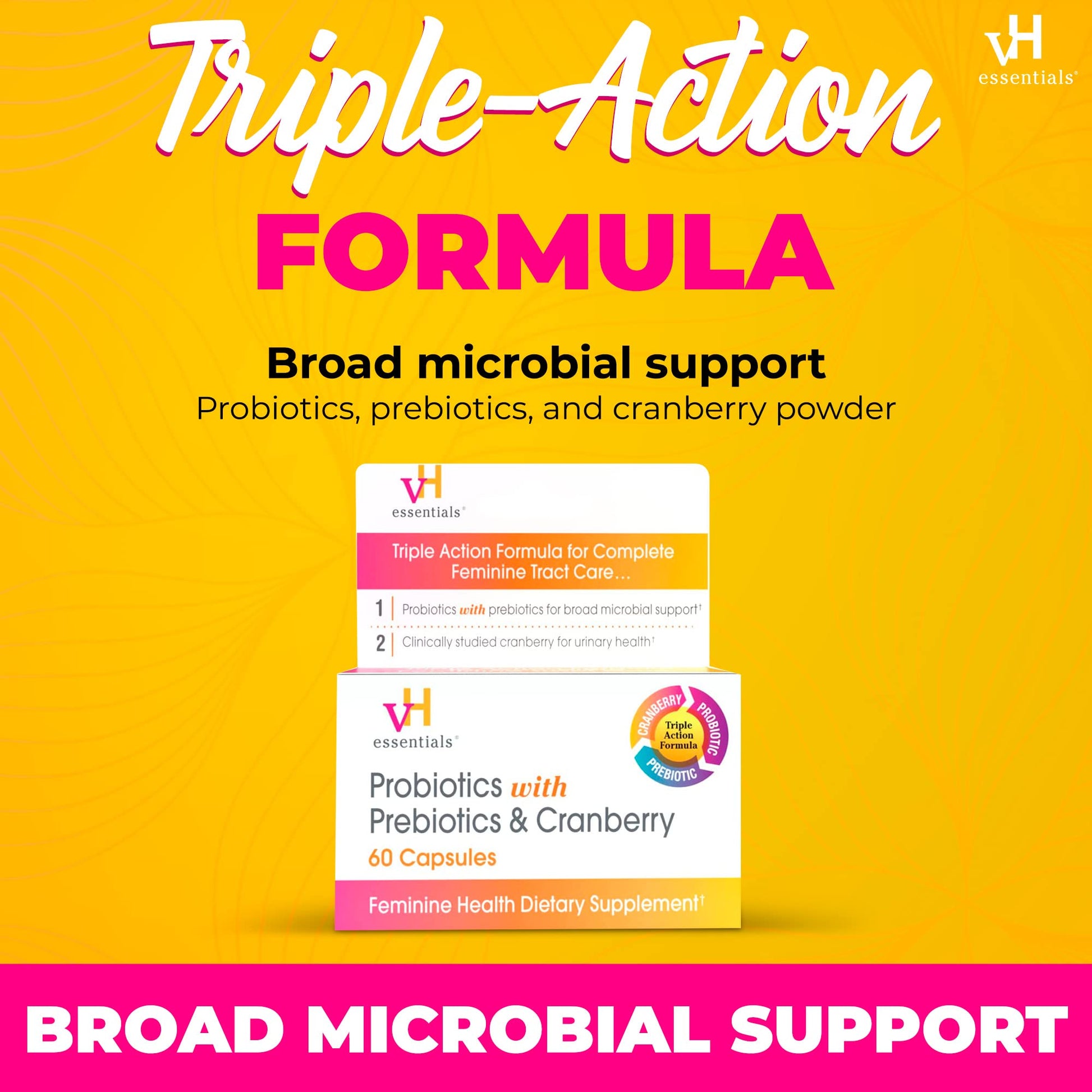vH Essentials Probiotics for Women with Prebiotics, Cranberry & Vitamin C - 60 Capsules (30 Day Supply) - Vaginal Probiotics Support Gut Balance, Vaginal Health & Urinary Tract Health for Women