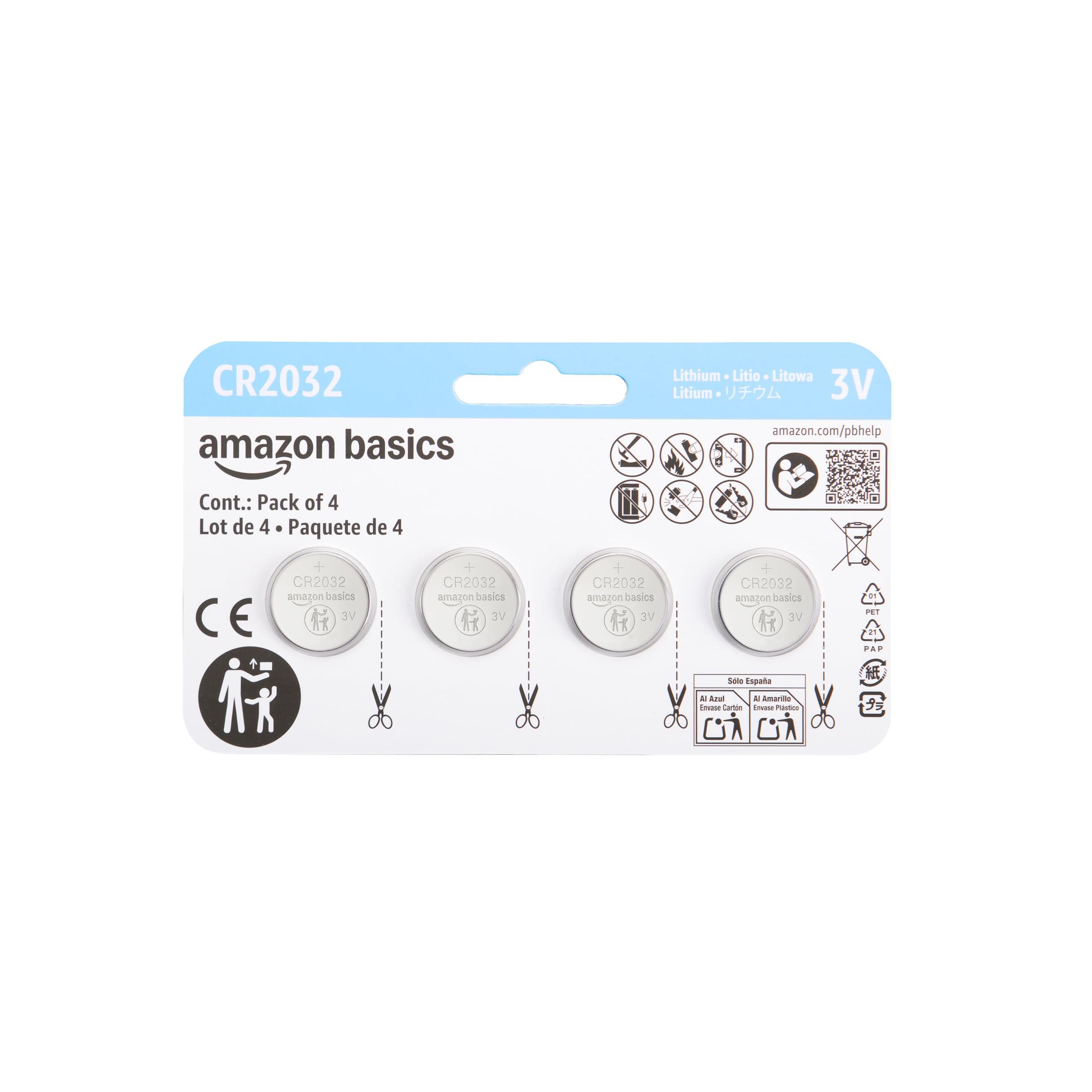 Amazon Basics CR2032 Lithium Batteries, 4-Pack, Child-Proof Package, Non-Coated - AirTag Compatible