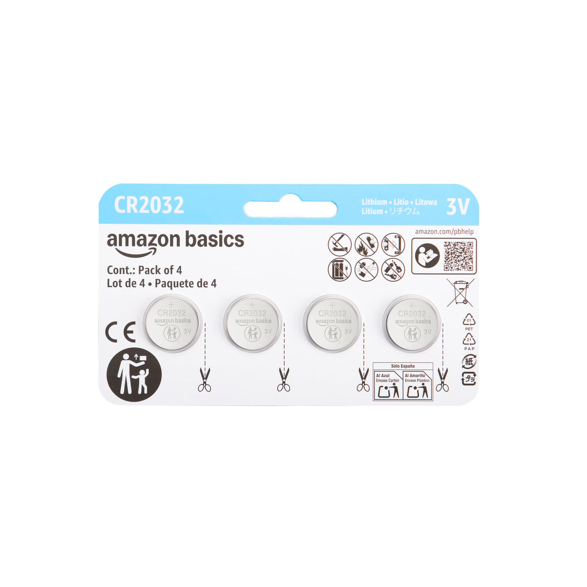 Basics CR2032 Lithium Batteries, 4-Pack, Child-Proof Package, Non-Coated - AirTag Compatible