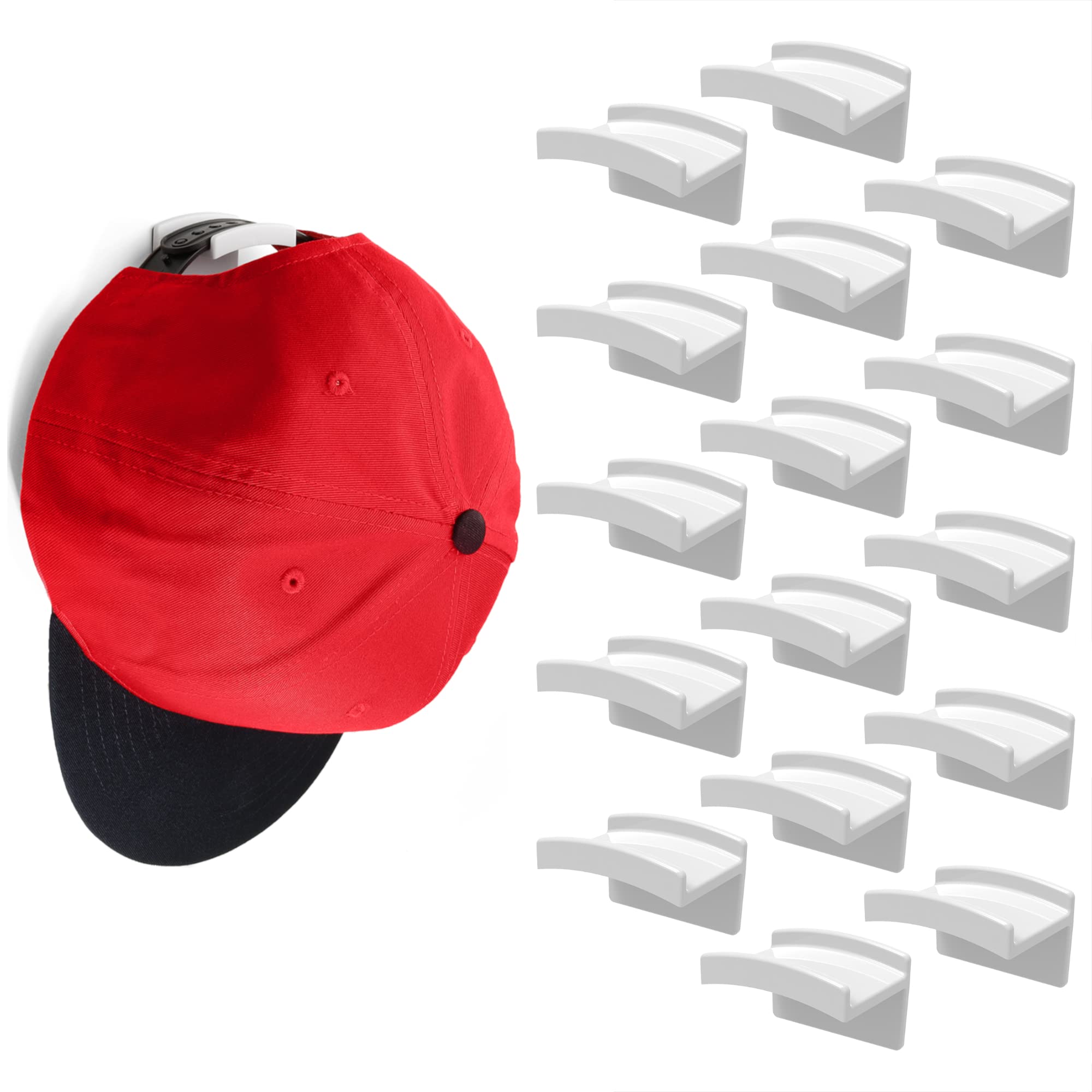 Modern JP Adhesive Hat Hooks for Wall (16-Pack) - Minimalist Hat Rack Design, No Drilling, Strong Hold Hat Hangers - USA Patented, White