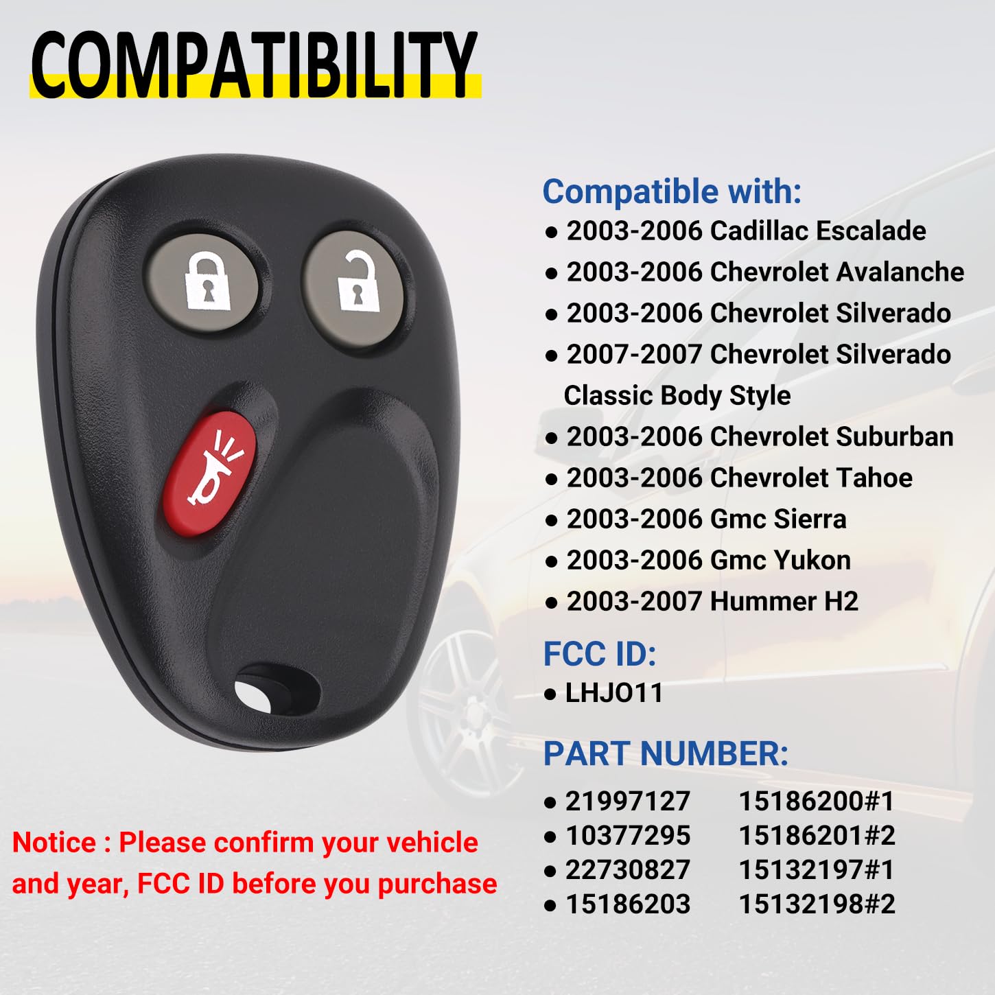 Vurkcy Keyless Entry Remote Key Fob Compatible with Chevy Tahoe Suburban Silverado Avalanche, GMC Sierra Yukon, Cadillac Escalade, Hummer H2 2003 2004 2005 2006, Replacement for LHJ011 (Pack of 2)