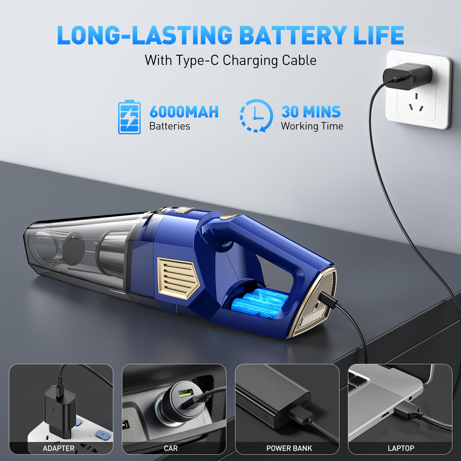 DBHAL Handheld Vacuum Cordless, 15000PA Powerful Suction Car Vacuum Cleaner Lightweight with Multi Accessories, Hand held Vacuum Cleaner Dust Busters Cordless Rechargeable for Car Home