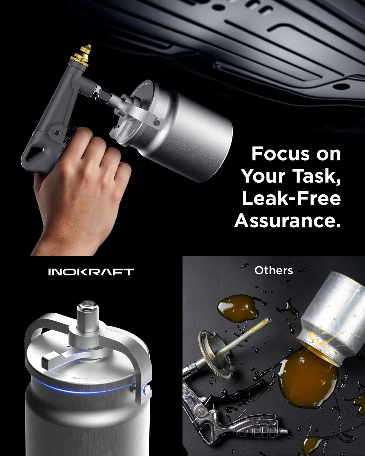 InoKraft Undercoating Spray Gun with Suction Feed Cup, 360° & Straight Spray Hoses, for Truck Bed Liner Coating, Rubberized Undercoat, Rust Proofing