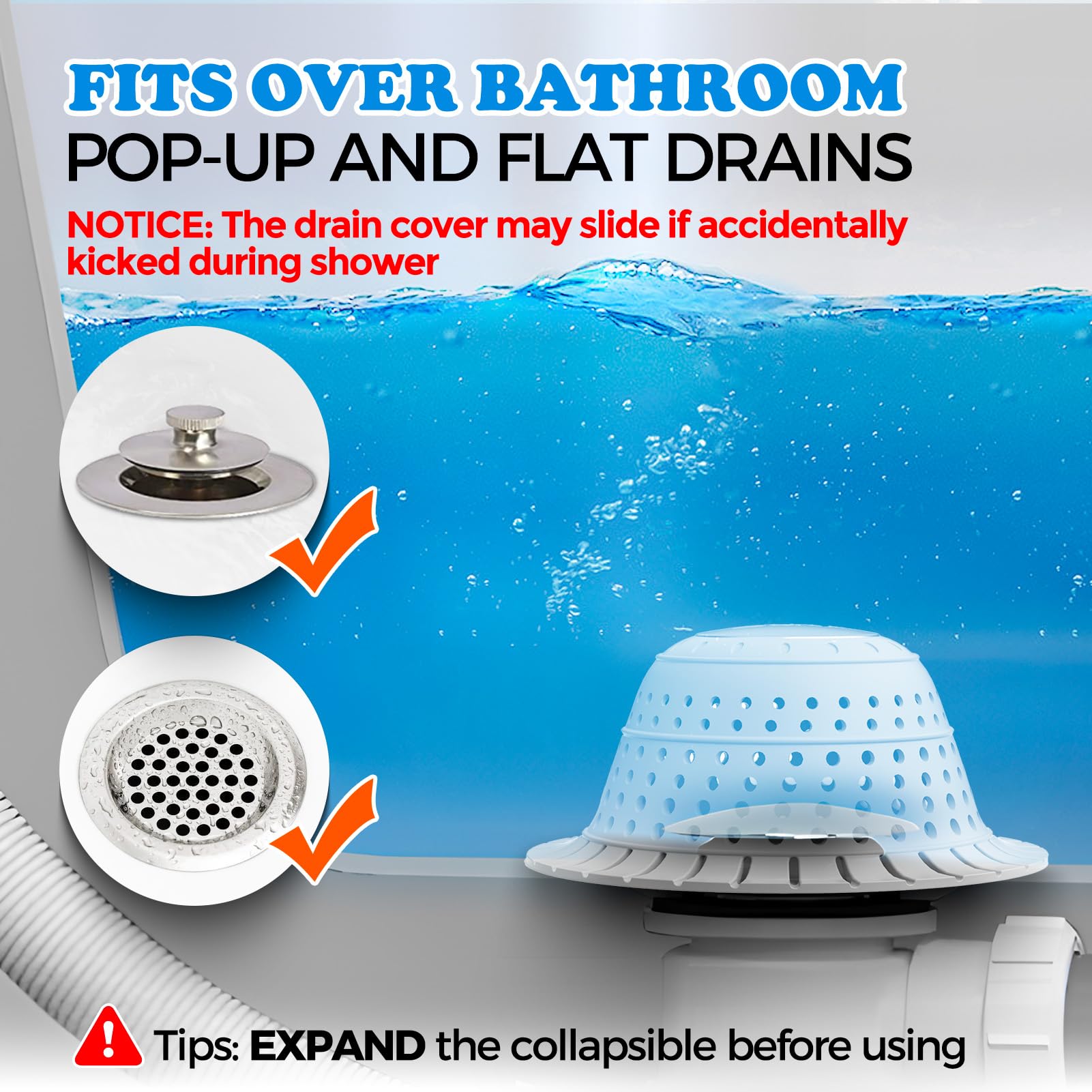 zaa Shower Drain Hair Catcher, 2 Pack Silicone Collapsible Bathtub Drain Cover Dog Hair Catcher & Protector for Pop-Up & Regular Drains of Shower, Bathtub, Tub, Bathroom, Sink