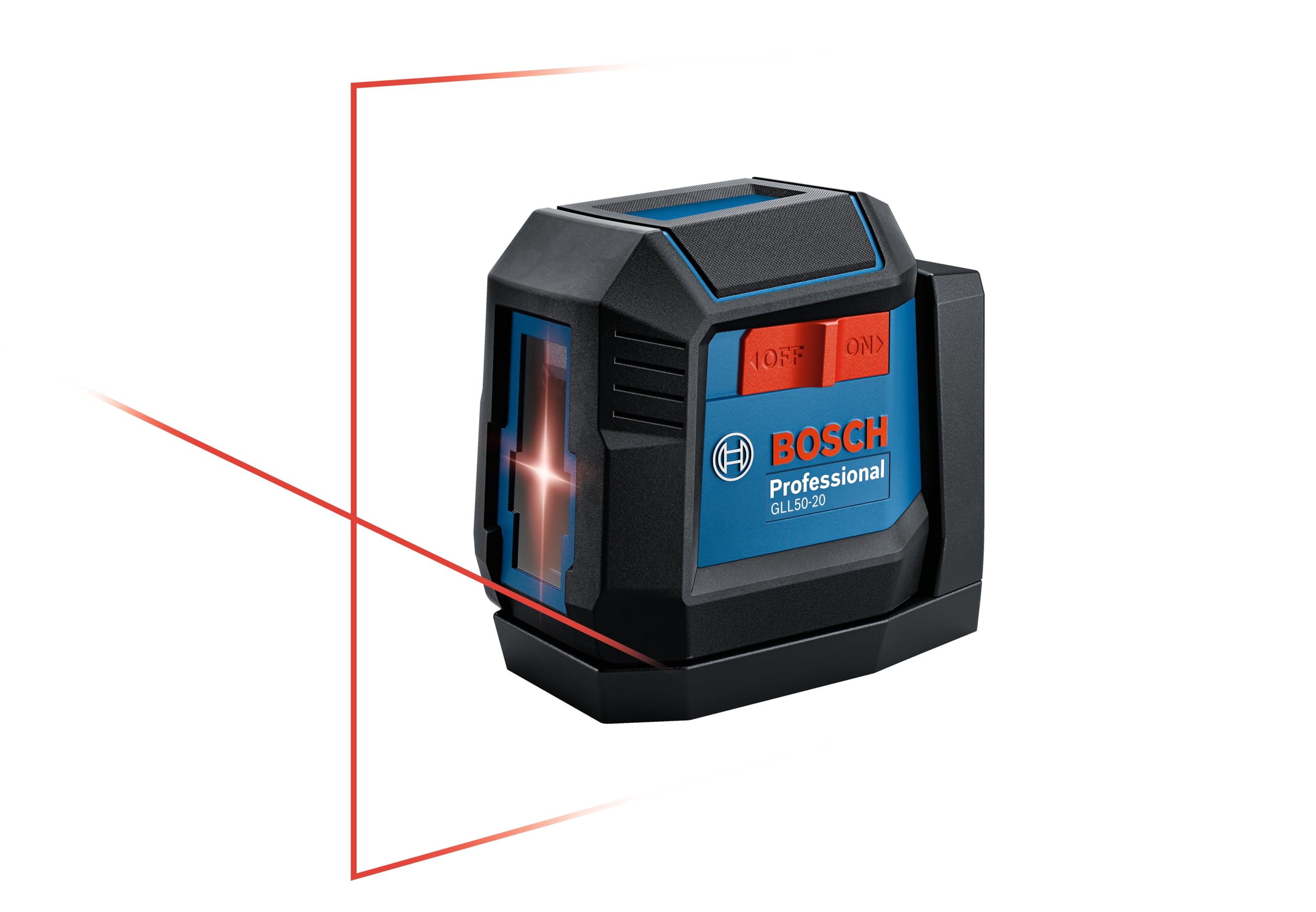 BOSCH GLL50-20 جهاز ليزر ذاتي التسوية متقاطع الخطوط بطول 50 قدمًا، يتضمن حامل مغناطيسي مدمج وبطاريتين AA