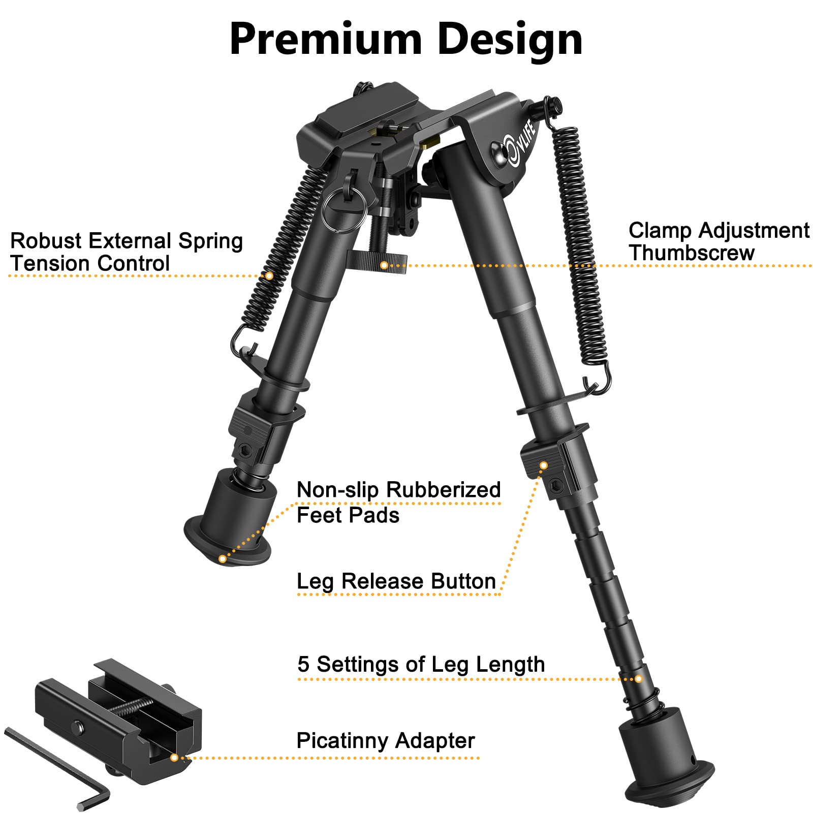 CVLIFE 6-9 Inches Picatinny Bipod Adjustable Spring Return with Picatinny Adapter (Black, 6''-9'')