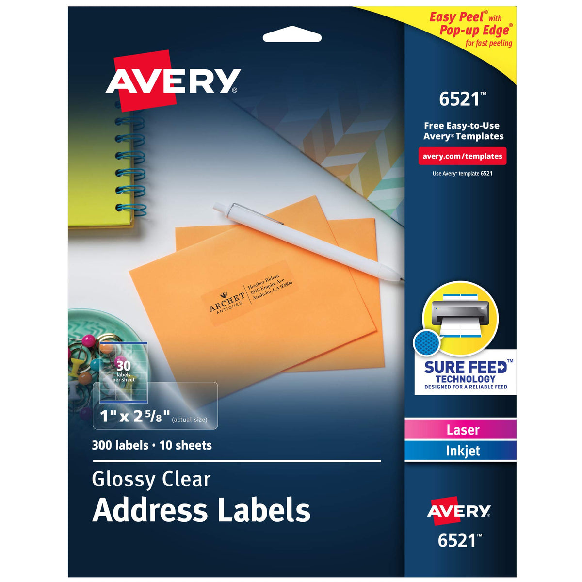 ملصقات عنوان قابلة للطباعة من Avery مع تغذية Sure Feed، مقاس 1 بوصة × 2-5/8 بوصة، شفافة ولامعة، 300 ملصق بريدي فارغ لطابعات الليزر ونفث الحبر (6521)