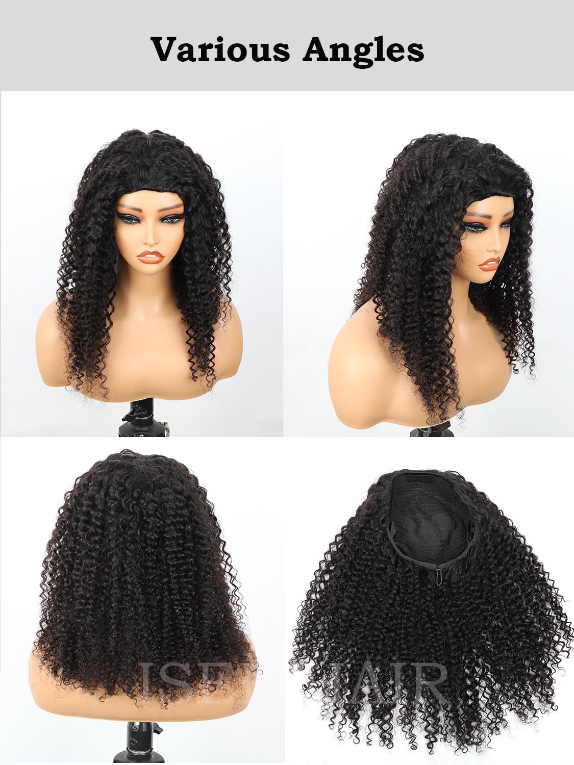 ISEE Half Wig Human Hair Glueless Wigs Upgrade 3 IN 1 Half Wig With Drawstring Seamless Clip Ins Flip Over Kinky Curly Human Hair No Glue No Lace For Women 180% Density 18 Inch