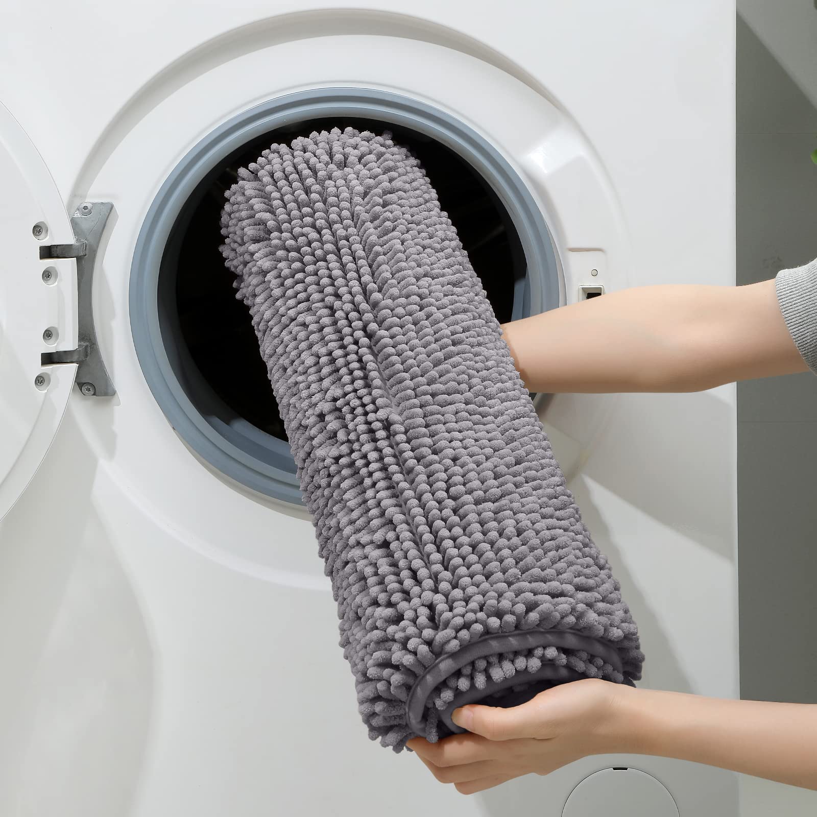 HOMEIDEAS 3 Pieces Bathroom Rugs, Ultra Soft Non Slip Absorbent Chenille Toilet Bath Mat Set (Grey)