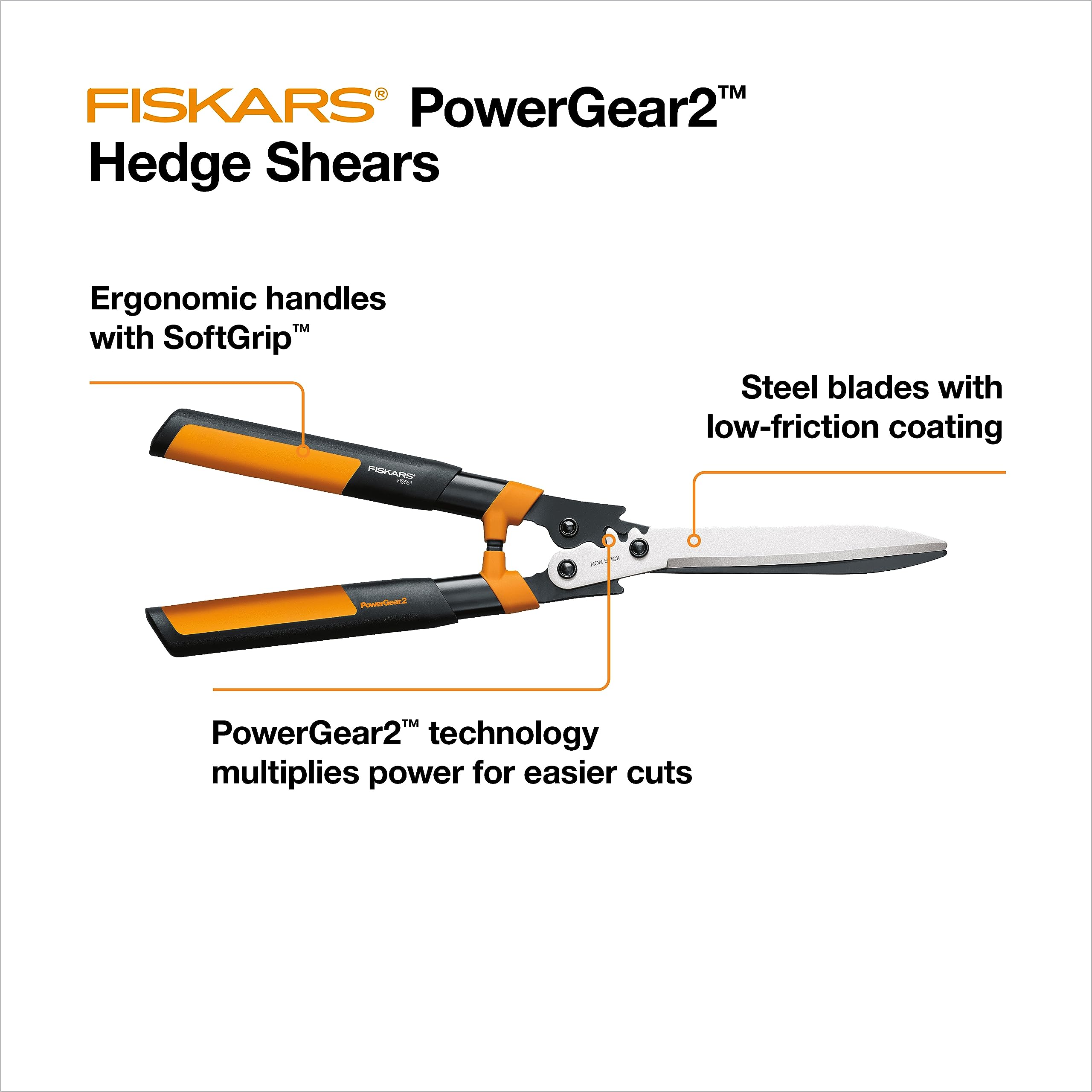 Fiskars 23" Hedge Shears, Hedge Clippers with PowerGear2 Technology that Multiplies Power for Less Effort, Garden Shears with SoftGrip Handles and Shock-Absorbing Bumpers
