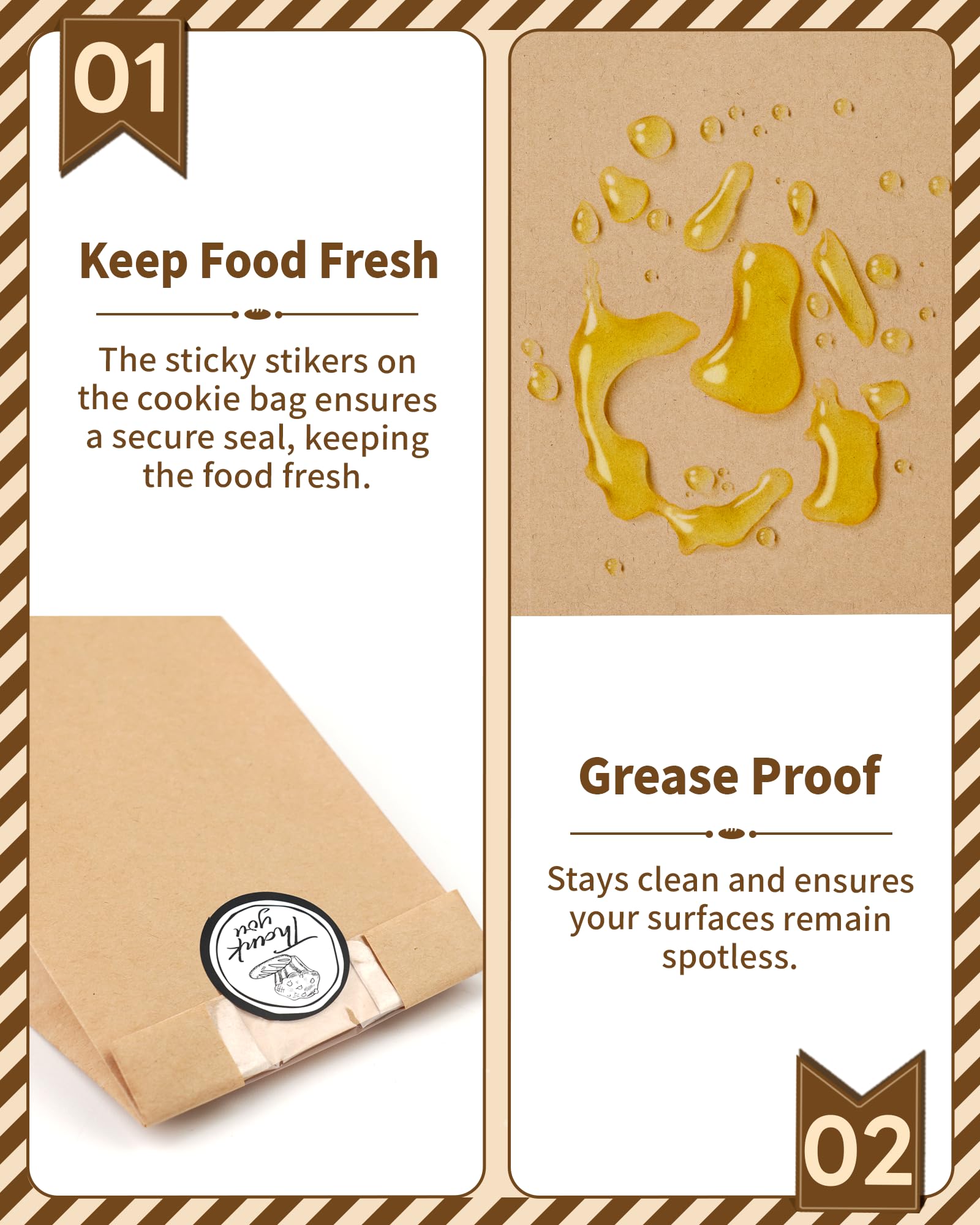 50 PCS Cookie Bags with Seal, Kraft Brown Paper Bags with Stickers, Bakery Bag for Snack, Cupcake, Coffee Bean, Party Favor, Cookie Packaging, 3.5"x 2.3"x7.5"