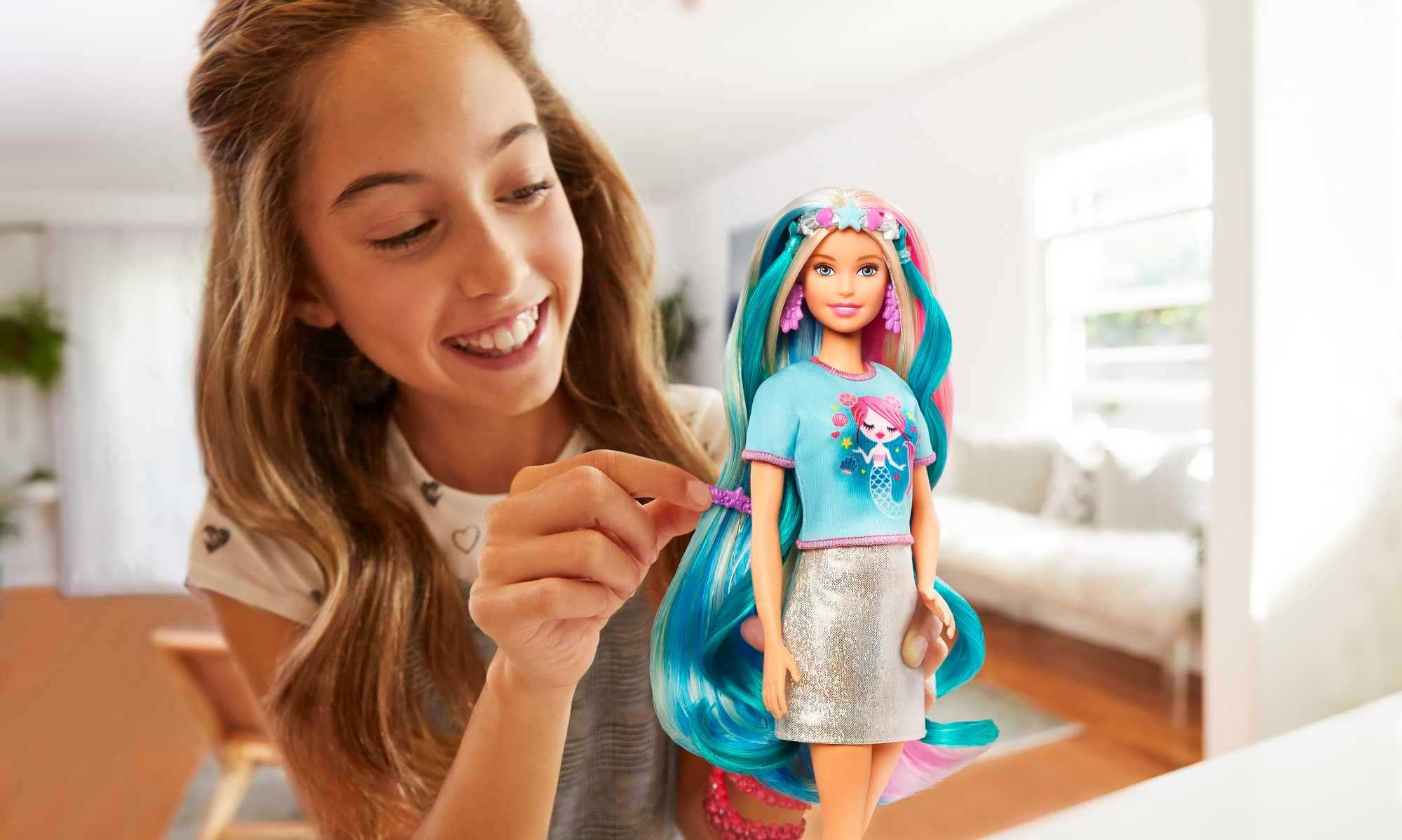 Barbie Fantasy Hair Doll & Accessories, Long Colorful Blonde Hair with Mermaid & Unicorn-Inspired Clothes