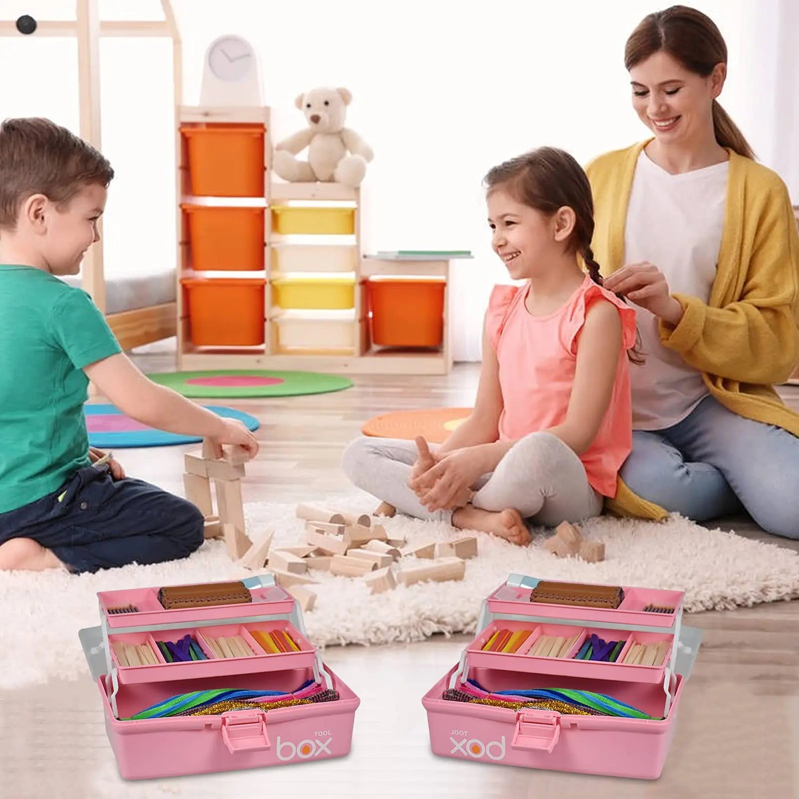 TERGOO 12in Three-Layer Multipurpose Storage Box Organizer Folding Tool Box/Art & Crafts Case/Sewing Supplies Organizer/Family First Aid organizer/Medicine Storage with 2 Trays (Pink)