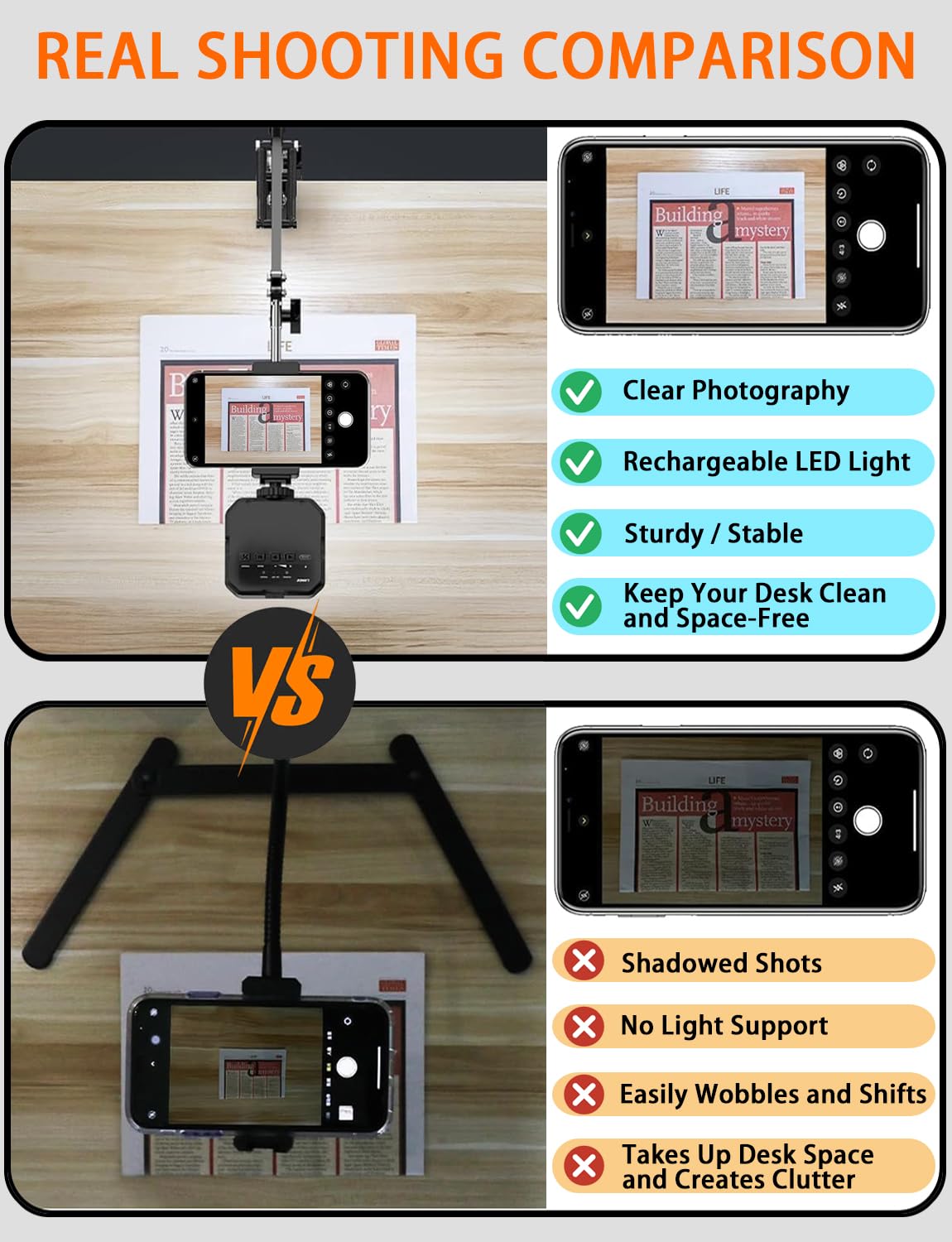 Overhead Phone Mount, Articulating Arm Cell Phone Holder with LED Light, Flexible Phone Stand for Live Streaming, Video Recording, Painting Lighting, Cooking