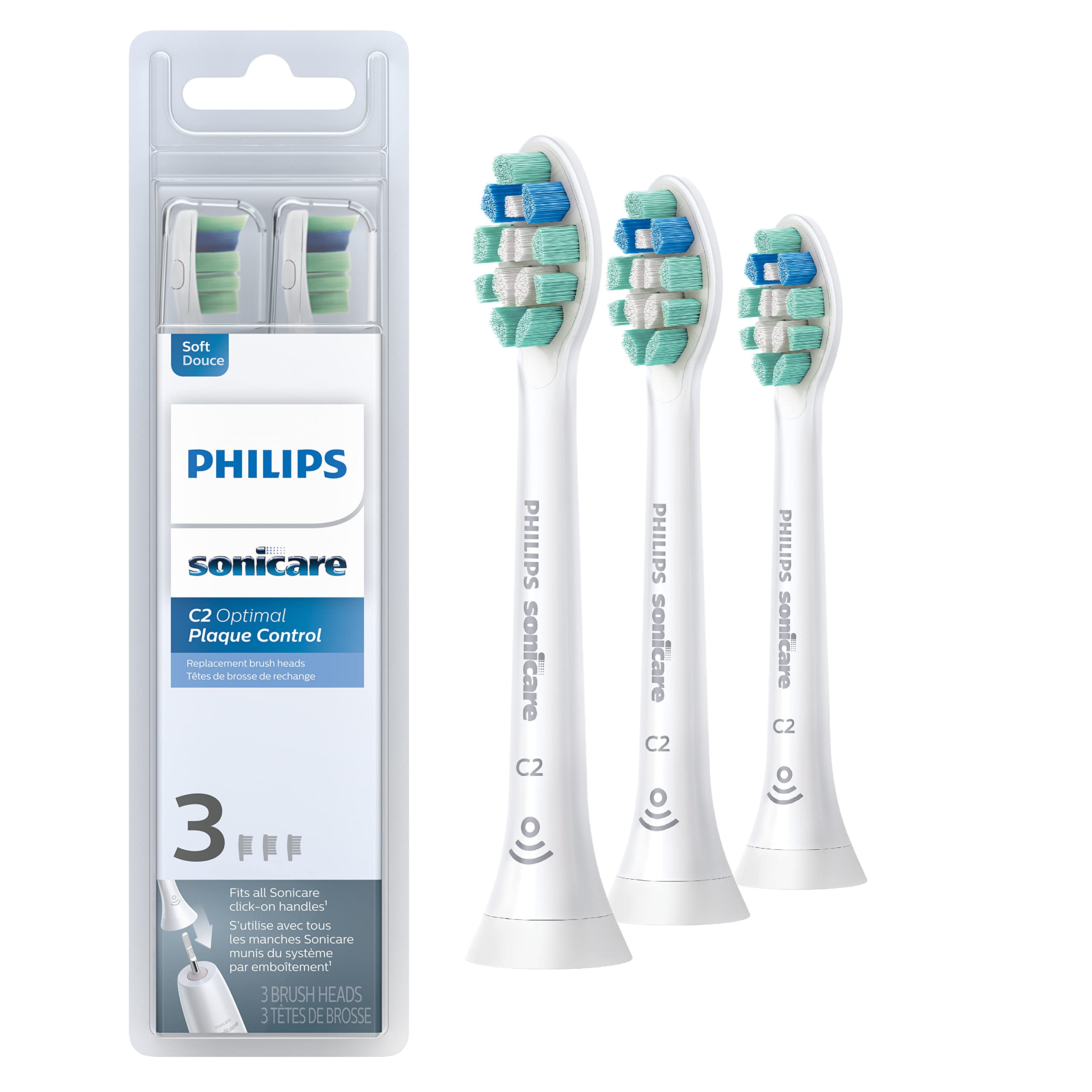 Philips Sonicare C2 Plaque Control - رؤوس فرشاة أسنان كهربائية أصلية بديلة، لون أبيض، عبوة من 3 قطع، HX9023/65