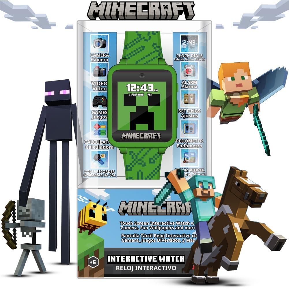 Minecraft Kids Smart Watch – Touchscreen Interactive Watch with 10 Customizable Clock Faces, Built-in Camera, Video Recorder, Alarm, Calculator, Games & Pedometer – Fits Wrists 5.5" to 8"