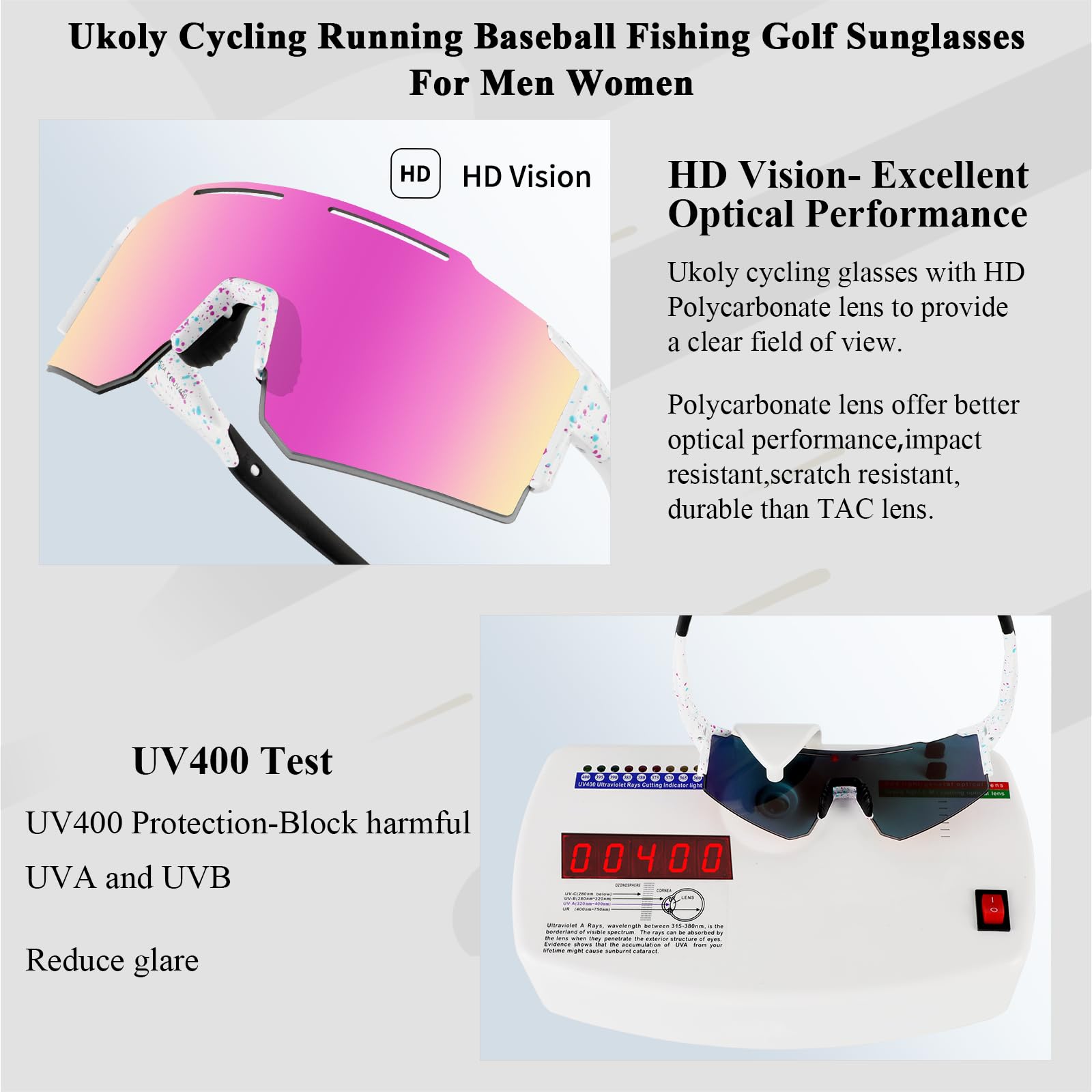 Ukoly Cycling Sunglasses with Interchangeable Nose Pad Men Women,Sports Sunglasses,Fishing Baseball Glasses