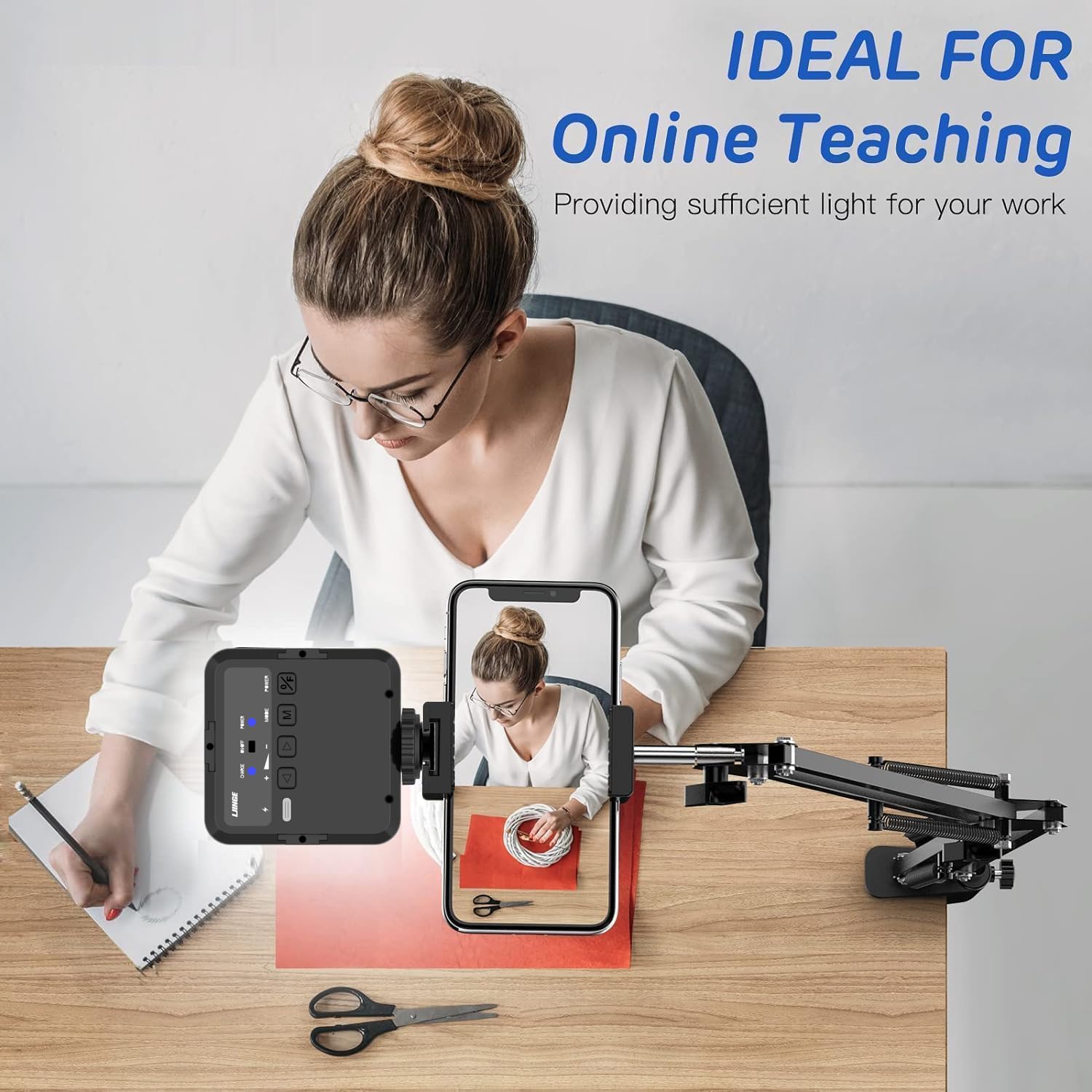 Overhead Phone Mount, Articulating Arm Cell Phone Holder with LED Light, Flexible Phone Stand for Live Streaming, Video Recording, Painting Lighting, Cooking