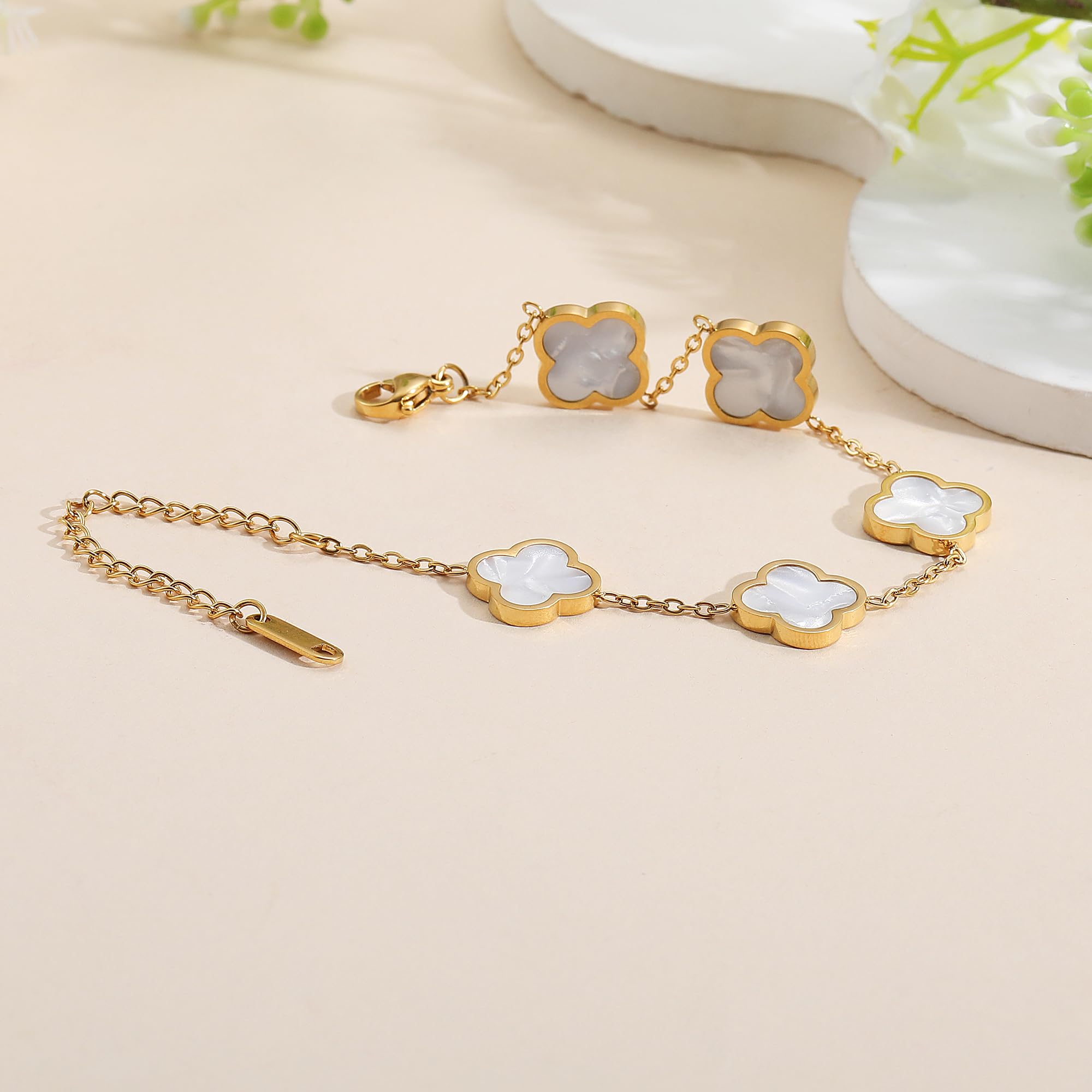 AIPPK 18K Gold Plated Clover Lucky Bracelet Dupes for Women White Flower Four Leaf Bracelets Trendy Jewelry Gifts for Women