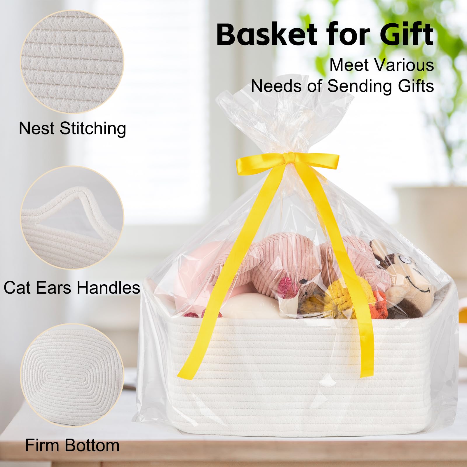 OIAHOMY Woven Basket, Gift Basket Empty with Gift Bags and Ribbons, Rope Baskets for Baby Showers,Halloween, Storage Baskets with Handles for Nursery, Pet Toy Organizer - White