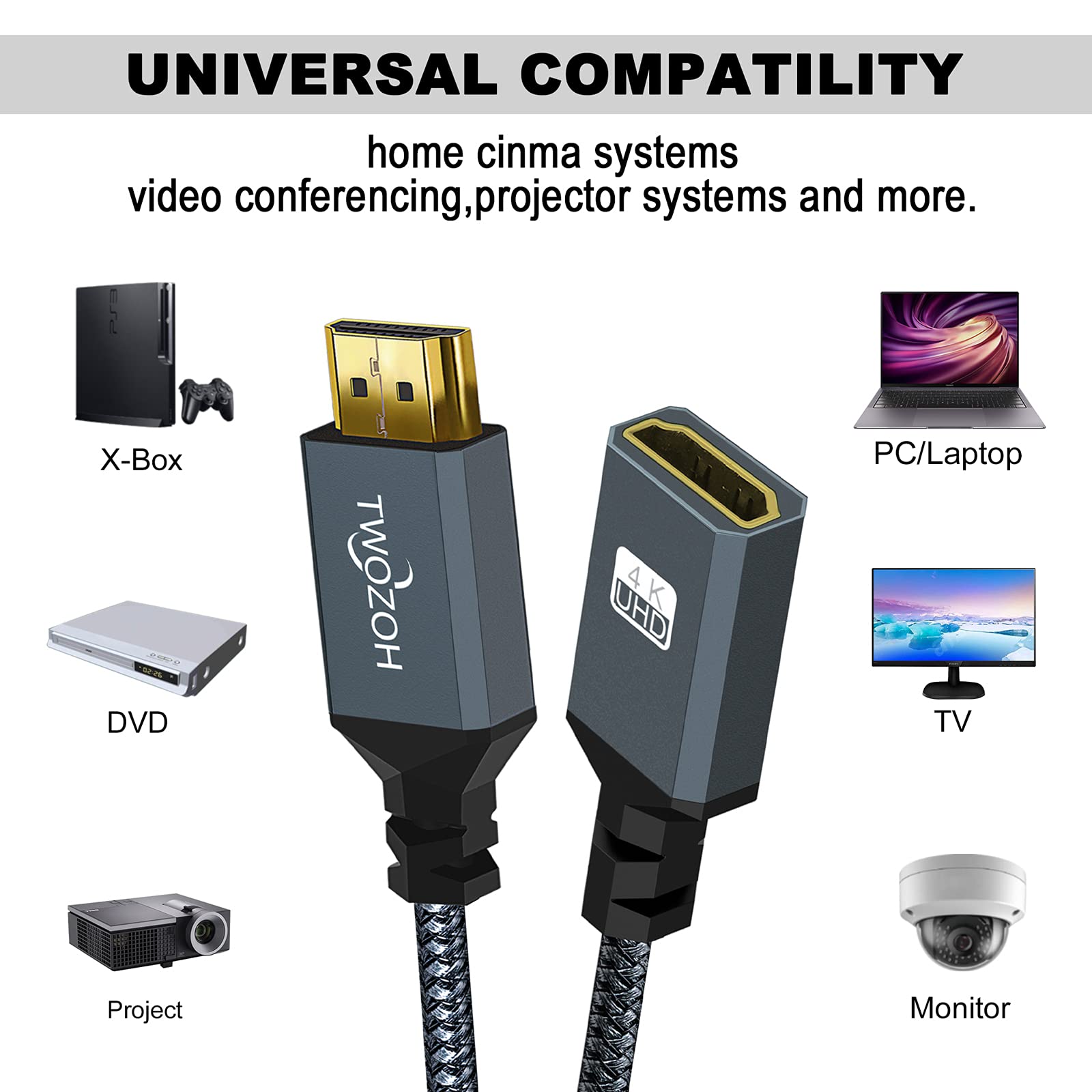 Twozoh HDMI Extension Cable 6.6FT, HDMI Male to Female HDMI Cord, HDMI 2.0 Cable Adapter Support 4K@60Hz 3D HDR