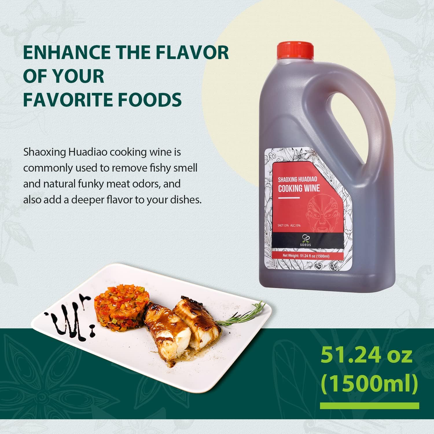Soeos Shaoxing Cooking Wine, 51.24oz (1500ml), Chinese Cooking Wine, Shaoxing Hua Diao Cooking Wine, Premium Cooing Wine for Asian-Style Cooks