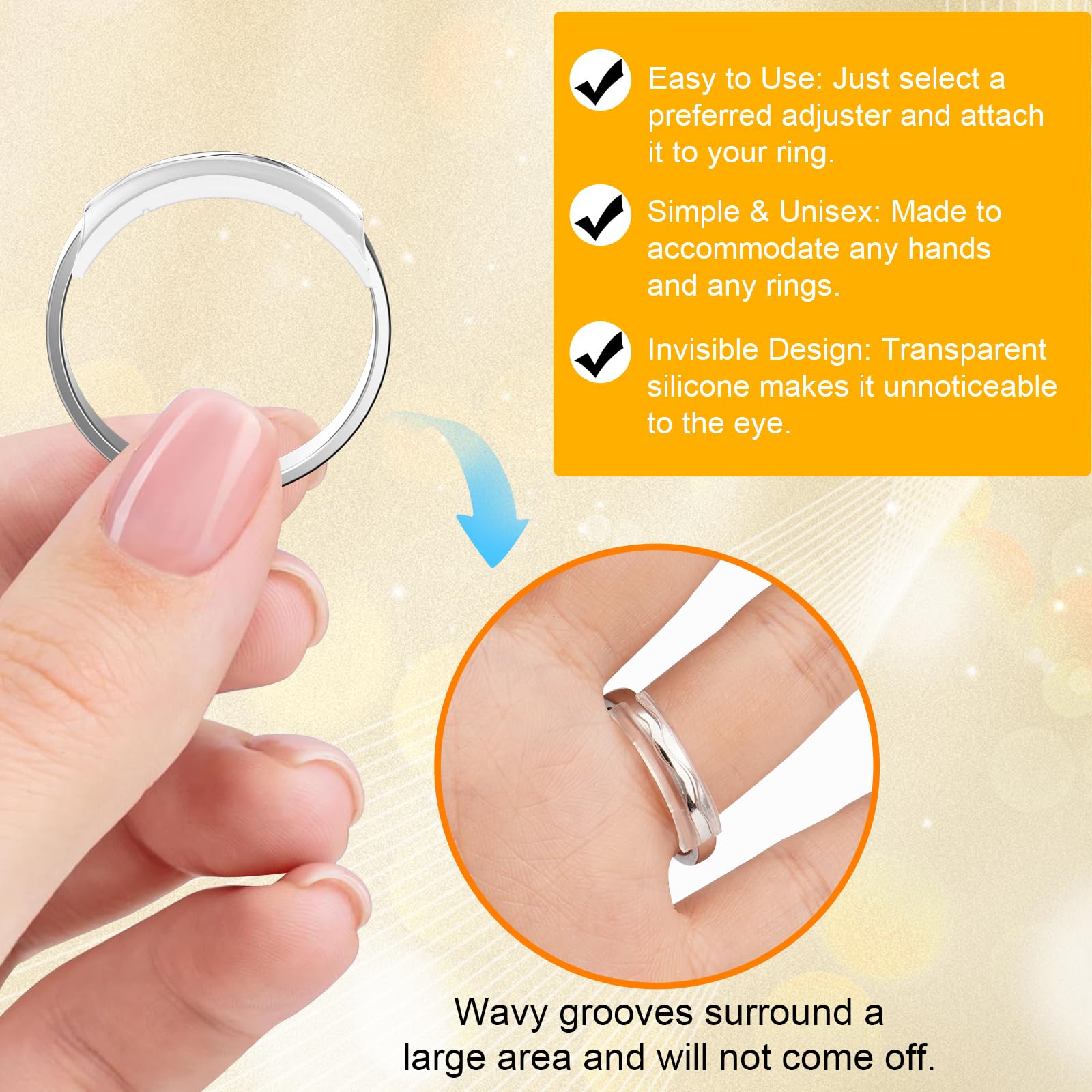 Ring Sizers for Loose Rings, 14 Pack Invisible Ring Size Adjuster Silicone, Ring Guards Spacer Tightener Resizer Fitter for Women Men, Make Ring Smaller Without Resizing Thick Band (Transparent-14PCS)