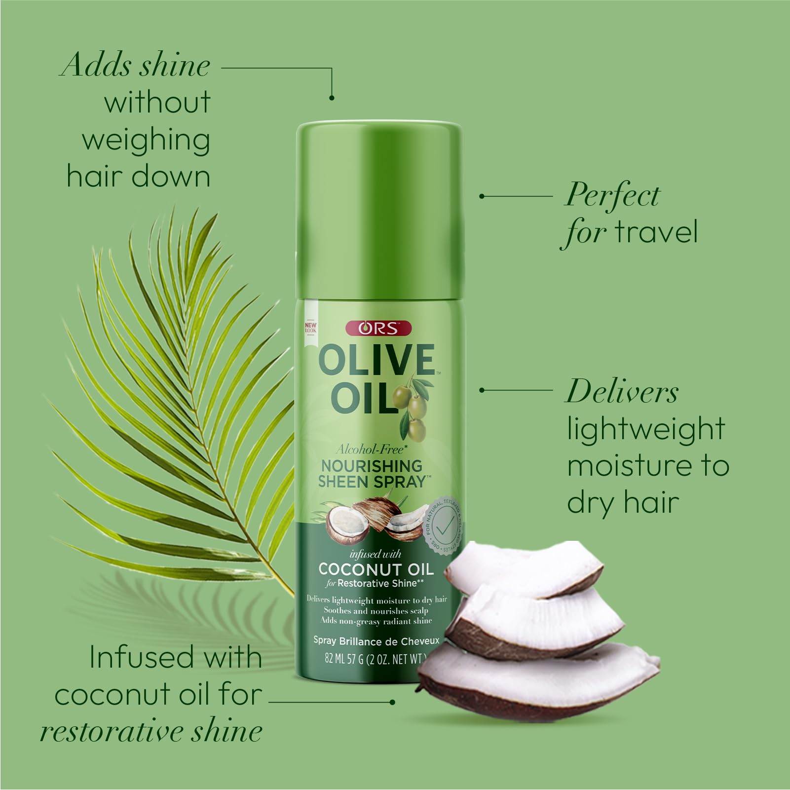 ORS Olive Oil Nourishing Sheen Spray Infused with Coconut for Restorative Shine Alcohol Free 2 Ounce