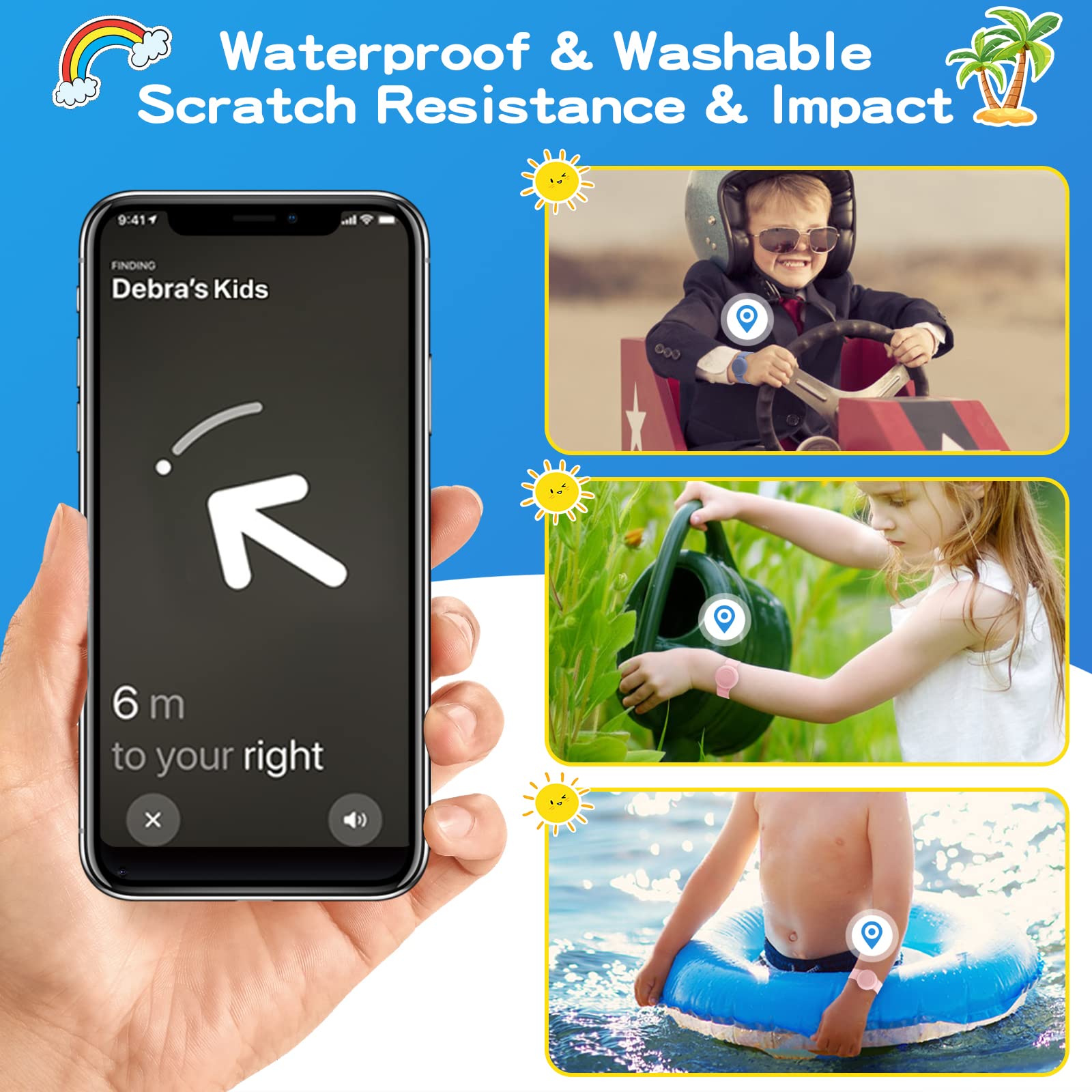 Waterproof Bracelet Compatible with Airtag Case for Kids(2 Pack), Soft Silicone Hidden Wristband, Lightweight GPS Tracker Compatible with Apple Air Tag Watch Band for Child (Grey Blue & Pink)
