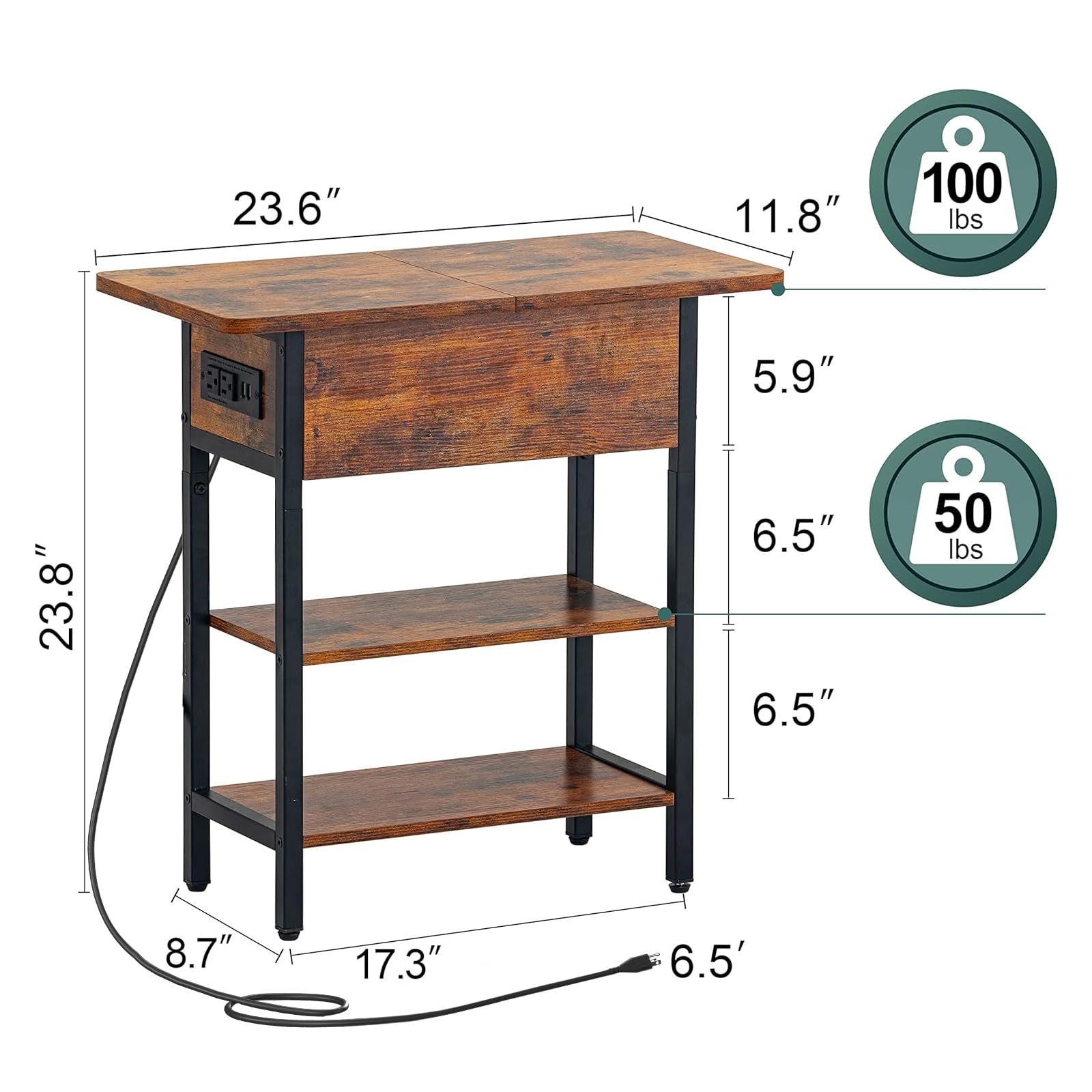Yoobure End Table with Charging Station, Flip Top Side Table with USB Ports and Outlets, Sofa Couch Table Bedside Table for Living Room Bedroom, Narrow Nightstand with Storage Shelves for Small Space