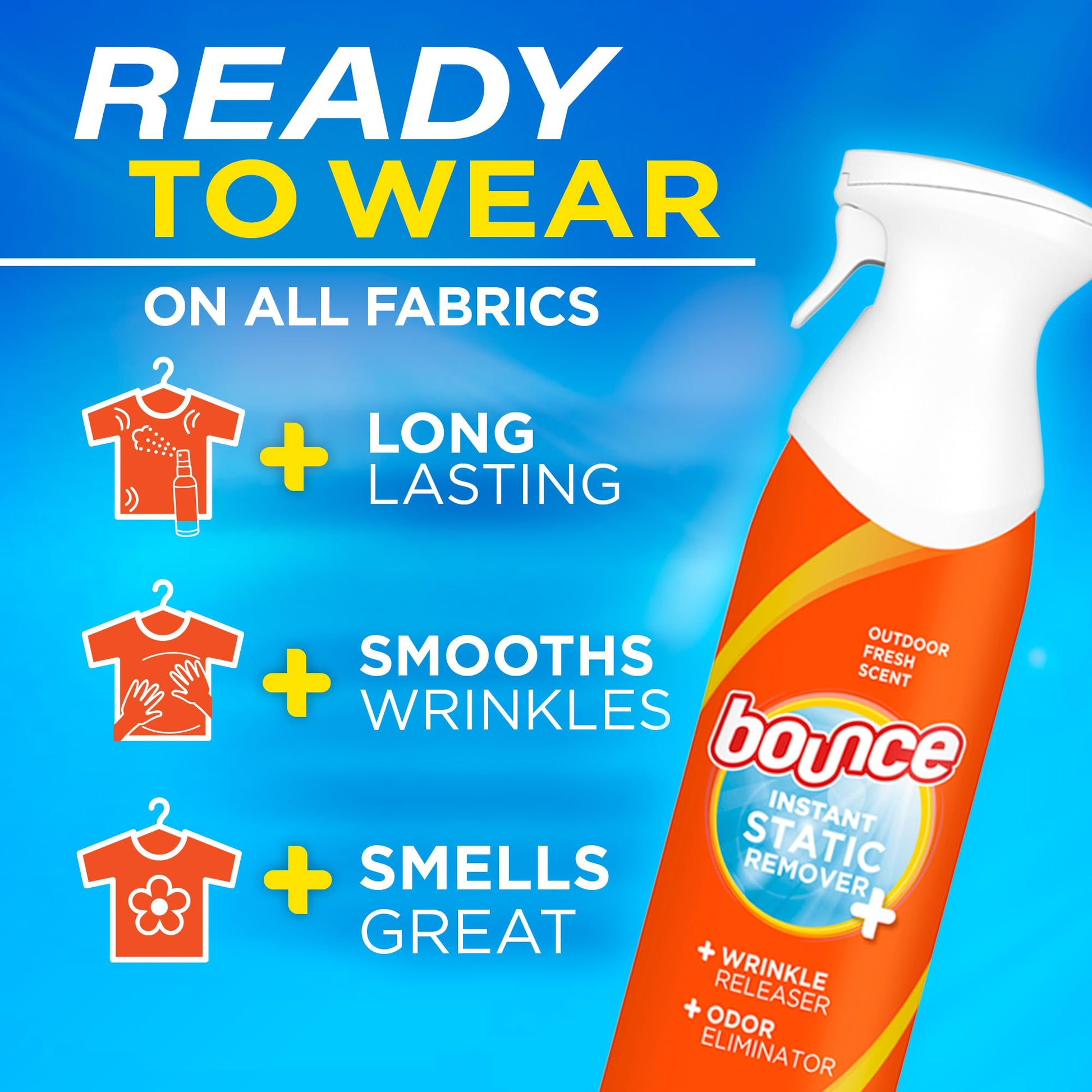 Bounce Anti Static Spray, 3 in 1 Instant Anti Static Spray & Instant Wrinkle Release, Odor Eliminator and Fabric Refresher Spray (9.7 Fl Oz, Pack of 1)