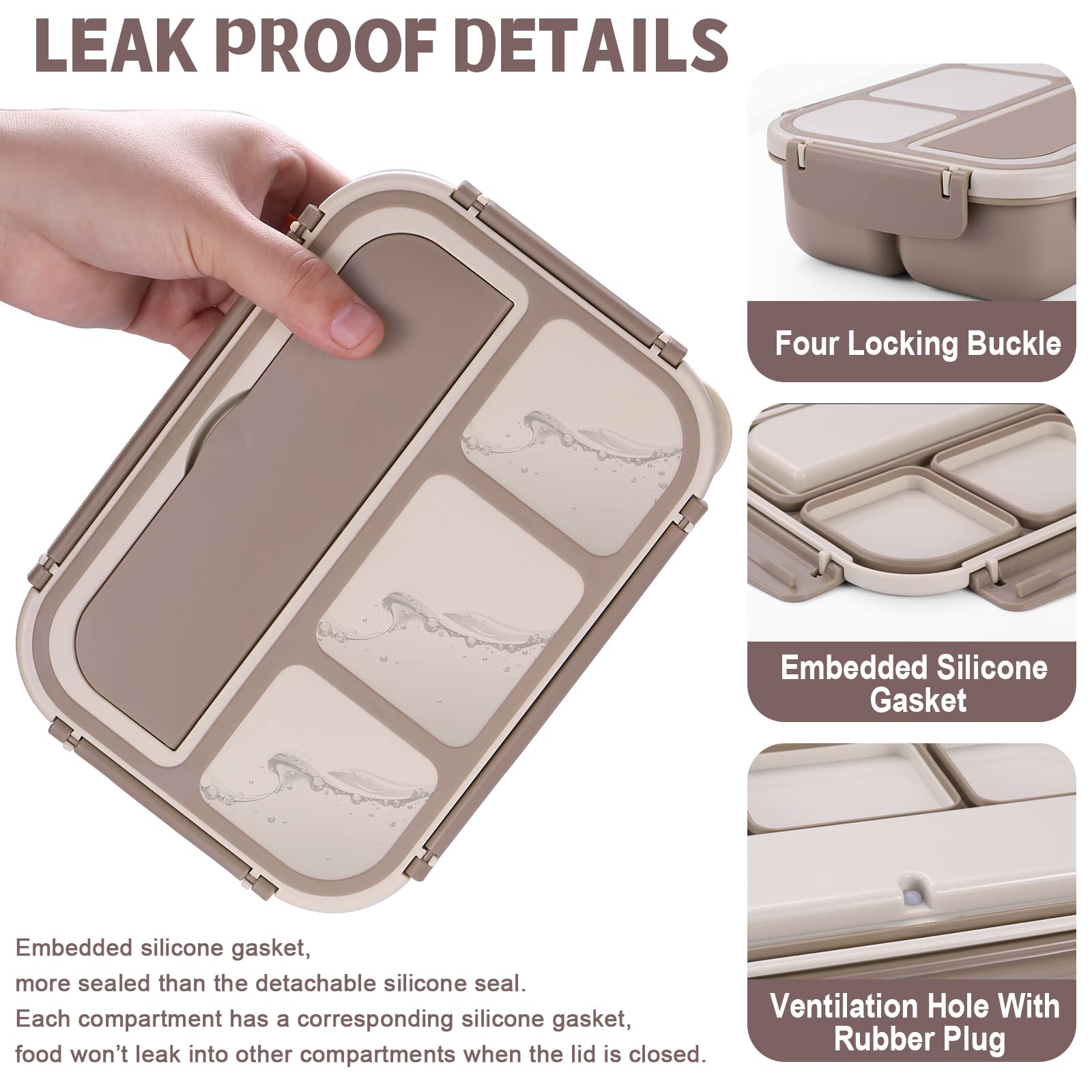 Bento Box Adult Lunch Box, Containers for Adults Men Women with 4 Compartments, Lunchable Food Container with Utensils, Sauce Jar, Muffin Liners, 40 Oz/5 Cup, Microwave & Dishwasher Safe, Brown