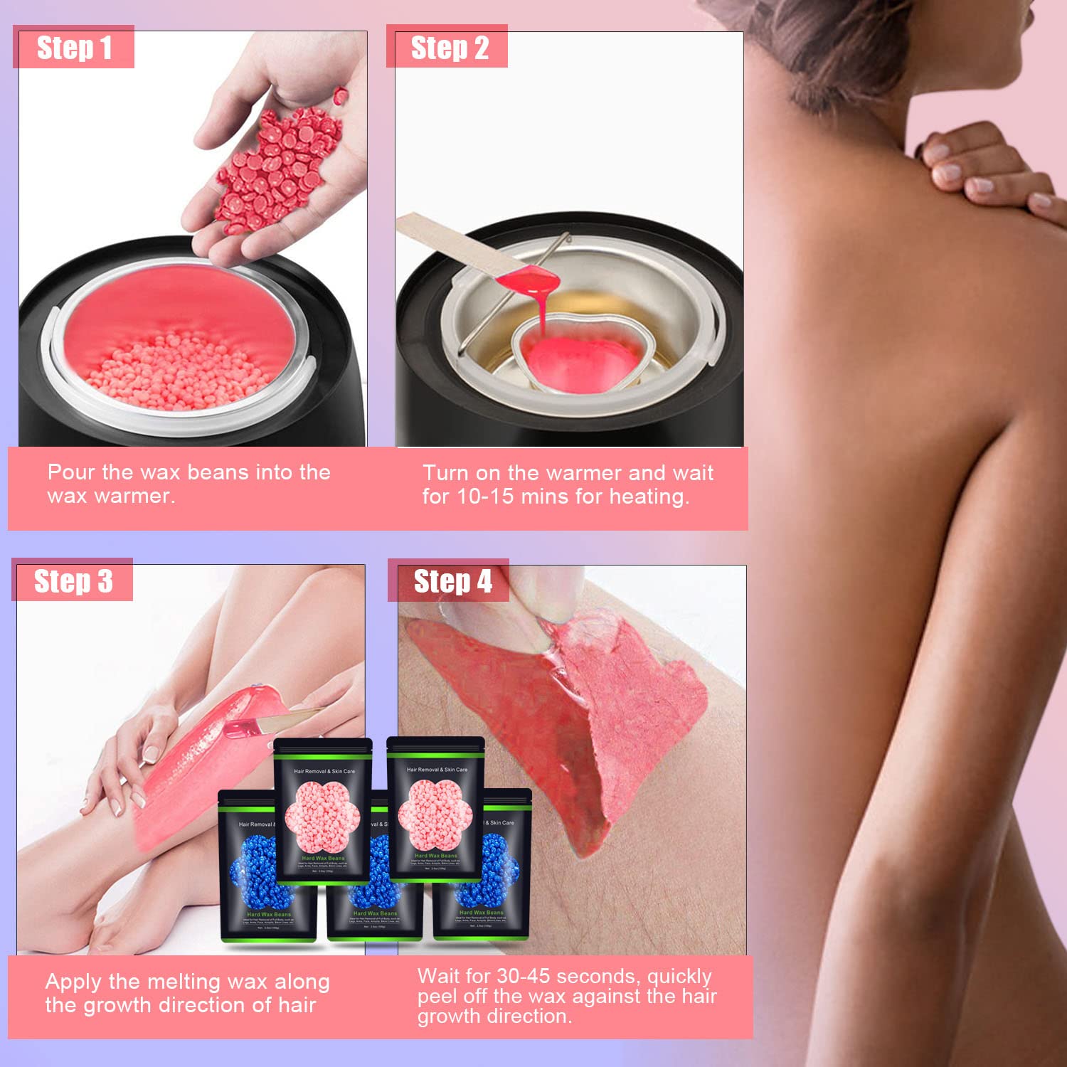 Auperwel Wax Beads for Hair Removal 1.1 lb (17.6 oz), Hard Wax Waxing Beads Kit for Sensitive Skin Brazilian, Face, Bikini, Eyebrow, Legs, Painless for Women Men, 5 packs with 10 Sticks