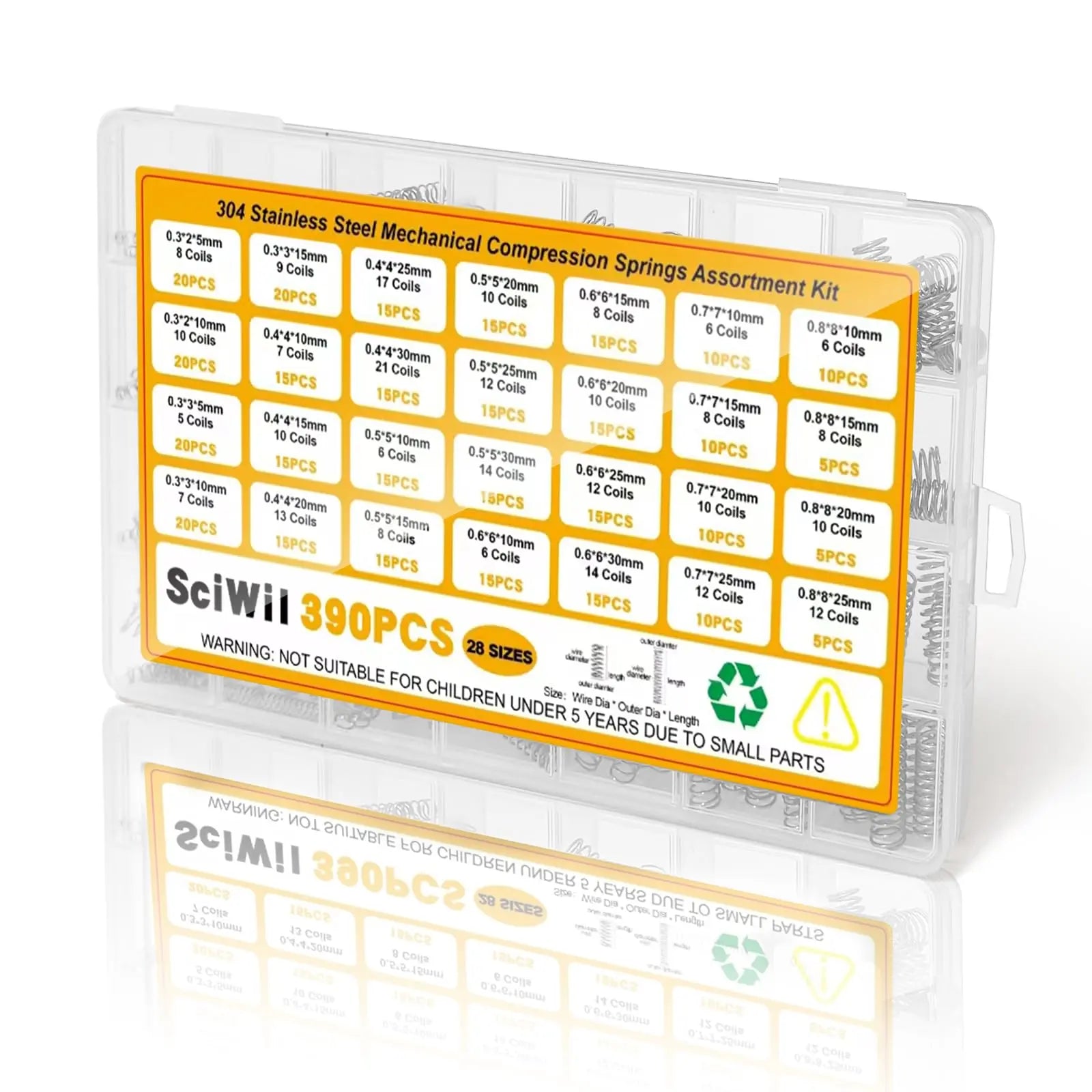 SciWil 390-Piece Compression Spring Assortment Kit, 28 Sizes Small Springs Set, Stainless Steel Rust-Resistant Mechanical Mini Springs for Hobby Crafting and DIY Repair Project