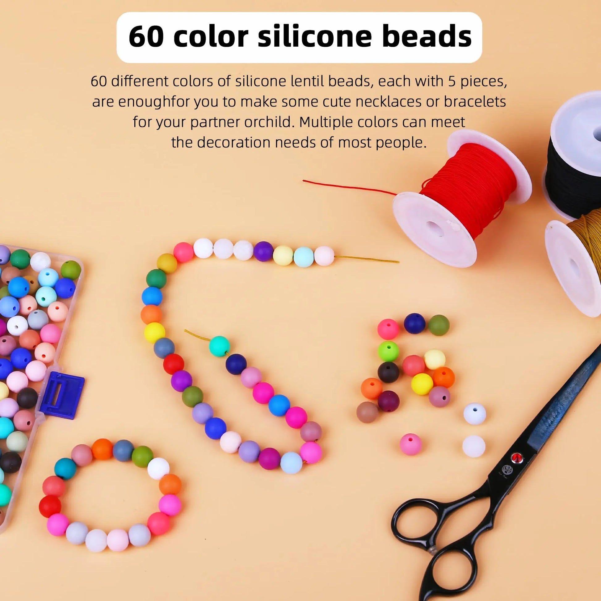 CFKEMZY 300pcs Silicone Beads for Keychain Making Kit 60 Colors Focal Beads Rubber Round Beads Mixed Color Silicone Beads Bulk for Pens, DIY Keychain,Necklace Bracelet Making Kit, Jewelry,Art Crafts