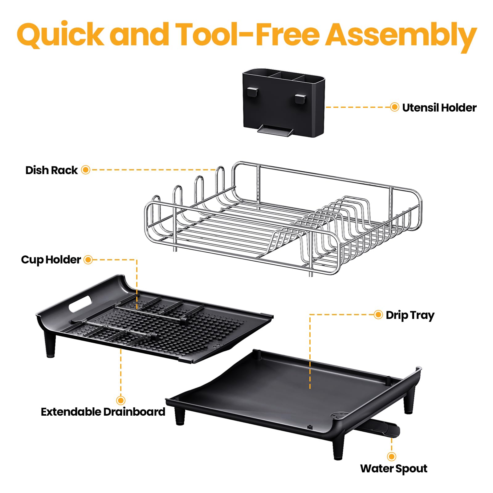 TOOLF Expandable Dish Rack, Dish Drying Rack for Kitchen Counter, Foldable Dish Dryer Rack, Stainless Steel Dish Drainer Racks with Cutlery Holder, Collapsible Dish Drying Racks Large Size,Black