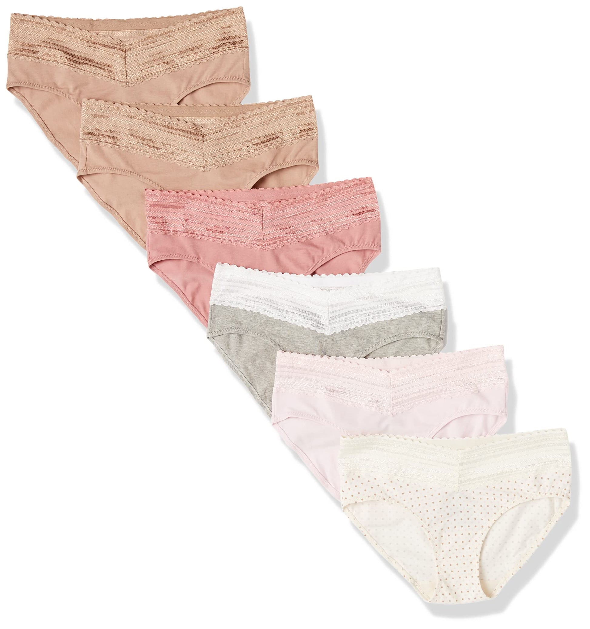 Warner's womens Blissful Benefits Dig-free Comfort Waist With Lace Cotton 6-pack Ru2266w Hipster Panties, Pale Pink/Light Gray Heather/Sunset Blush/Toasted Almond/ Bodytone Polka Dot/ Toasted Almond, Large US