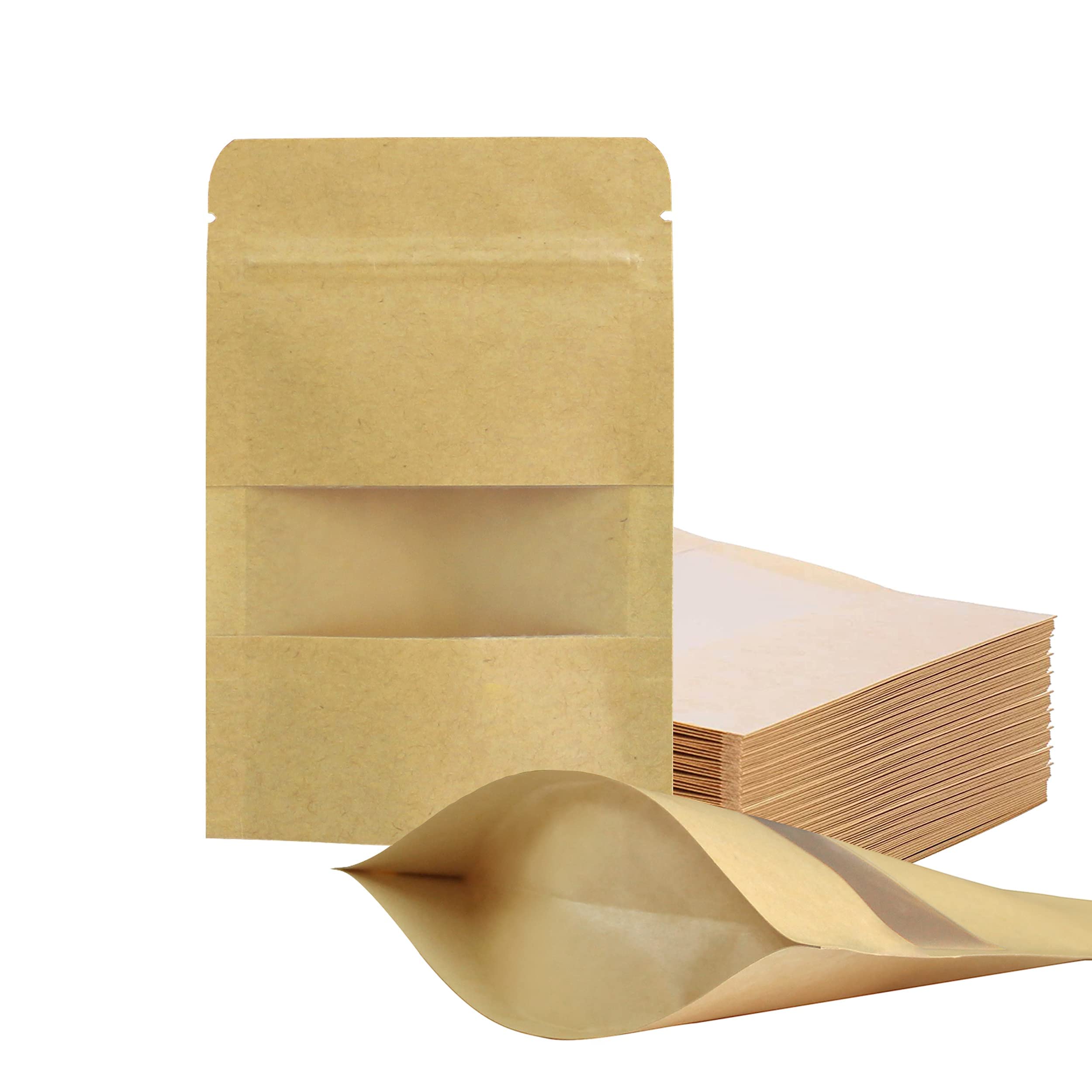 100 Pcs Paper Bags Resealable bags 3.5" x 5.5" Zipper Food Storage Bags, Stand Up, with Matte Window, Reusable, Sealable, for Packaging Products