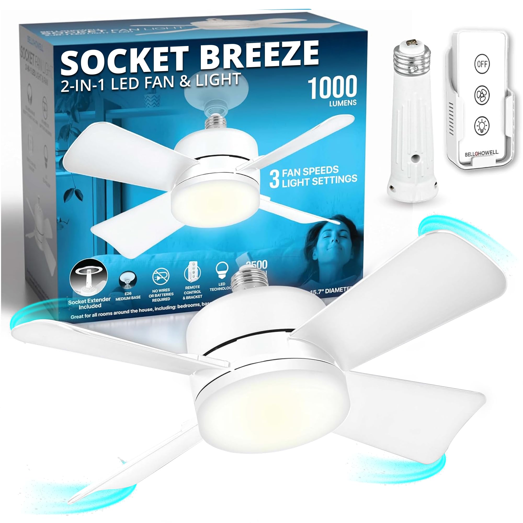 Bell+Howell Socket Breeze Fassungsventilator-Leuchte mit Fernbedienung, tragbare kleine Deckenventilatoren mit Lichtern für Schlafzimmer, Küche, Wohnzimmer, Deckenventilator mit Licht 3500K, 1000 Lumen, Schrauben in E26/E27