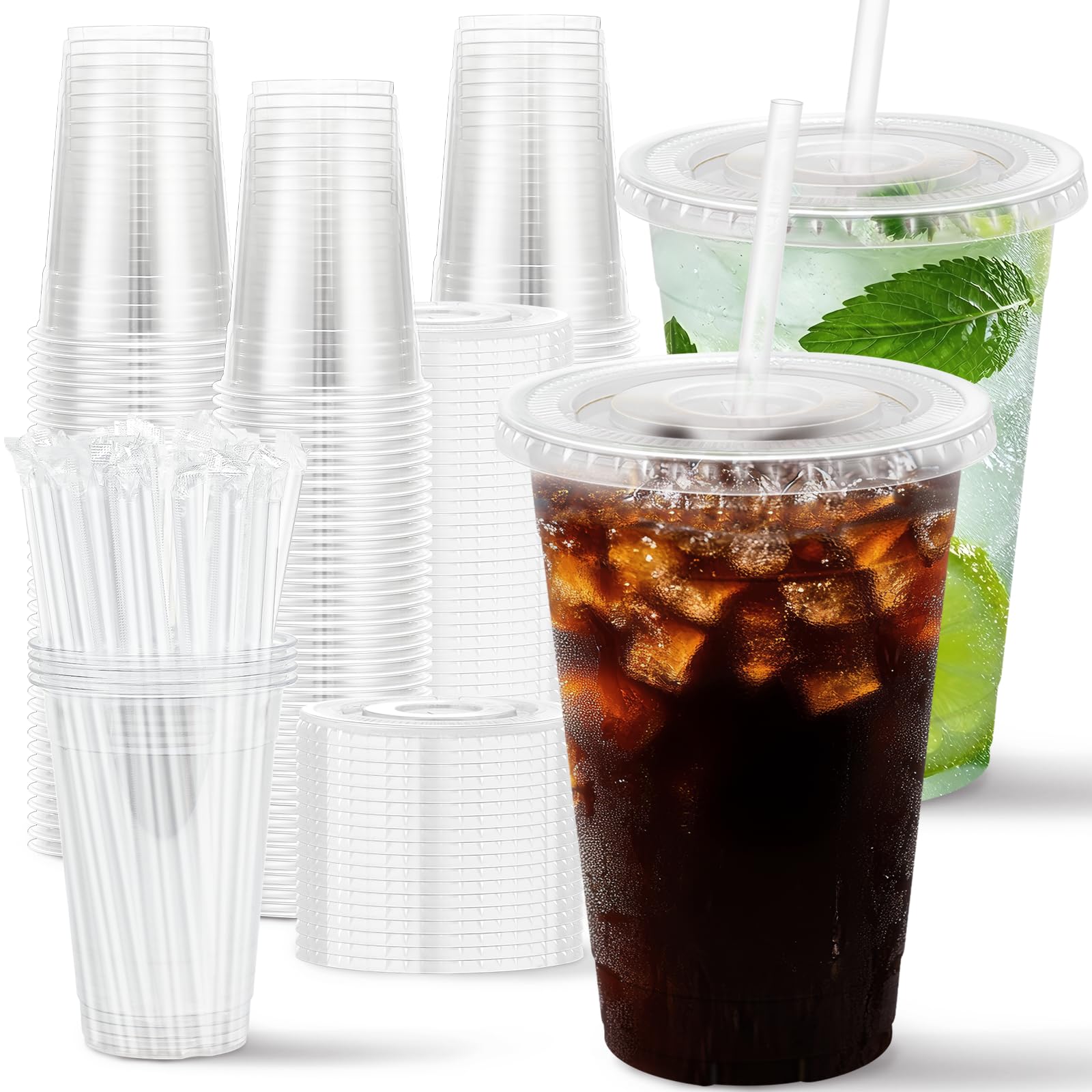 Huifany 100 Stück 470 ml Einweg-Plastikbecher mit Deckel und Strohhalmen, klare Partybecher für Kaltgetränke, Smoothies, Eiskaffee und auslaufsicher, BPA-frei