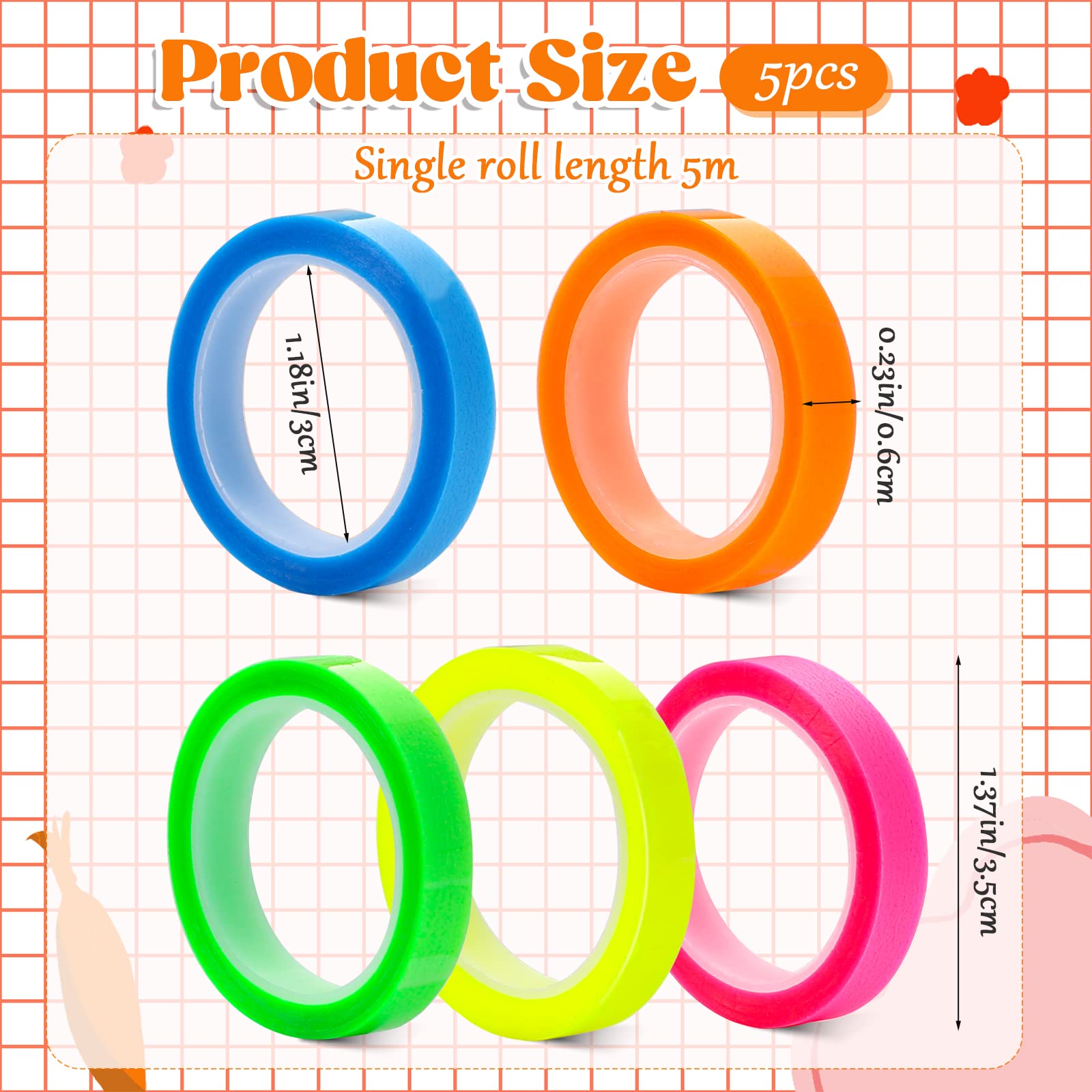 5 Rolls Highlighter Tape Colored Transparent Marking Sticker Removable Fluorescent Neon Tape Annotation Supplies for Teachers Students Reading Home Office (0.23inch X 16ft)