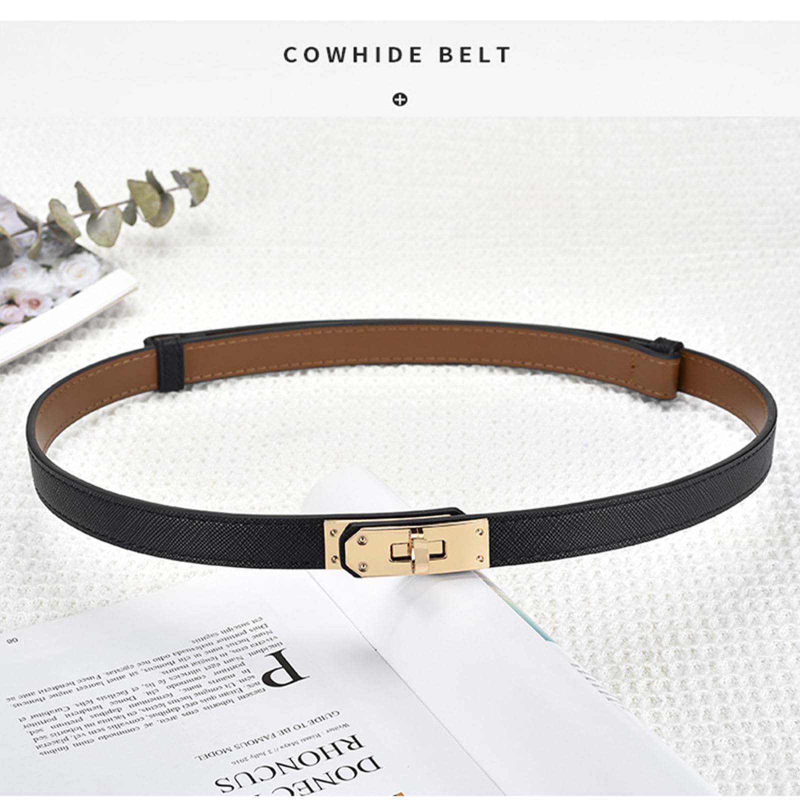 FENLDY Adjustable Thin Belts For Womens Skinny Belts For Dresses Womens Solid Color Alloy Turn Lock Belts For Jeans (Black belt gold buckle)